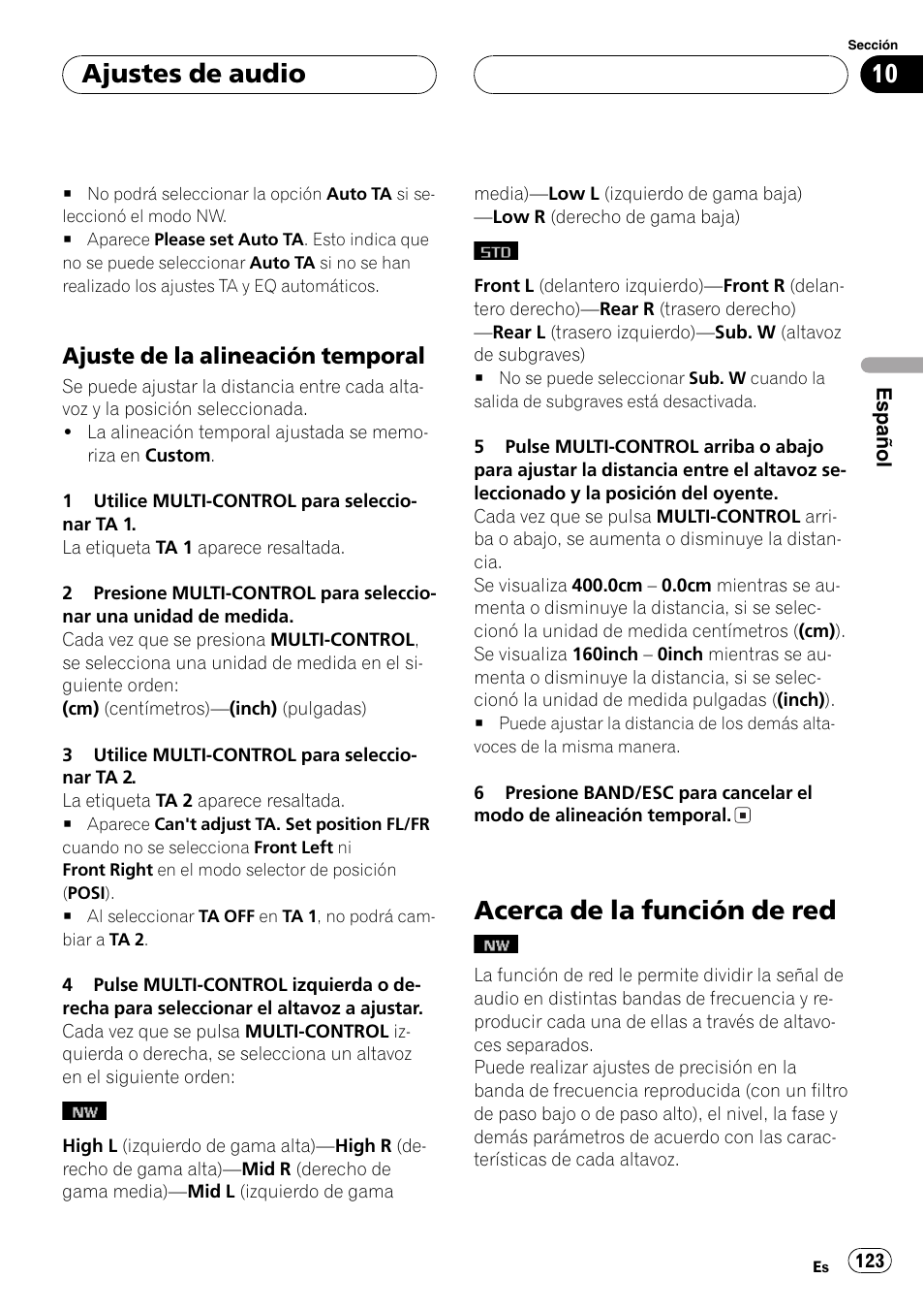 Ajuste de la alineación temporal 123, Acerca de la función de red, Ajuste de la alineación temporal | Ajustes de audio | Pioneer SUPER TUNERIII DEH-P8650MP User Manual | Page 123 / 154