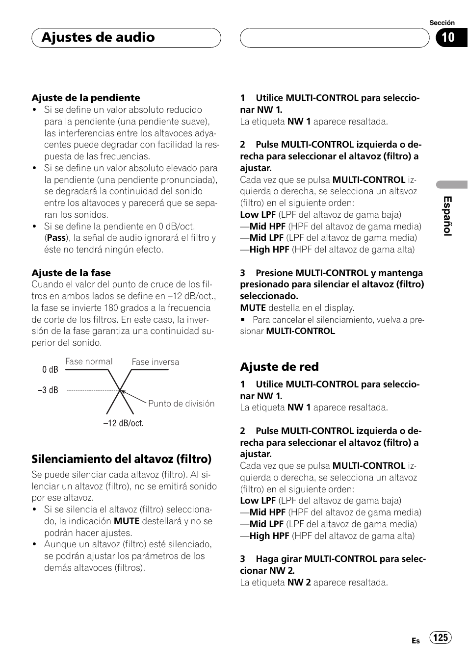 Silenciamiento del altavoz (filtro) 125, Ajuste de red 125, Ajuste de red | Ajustes de audio, Silenciamiento del altavoz (filtro) | Pioneer SUPER TUNERIII DEH-P8650MP User Manual | Page 125 / 154