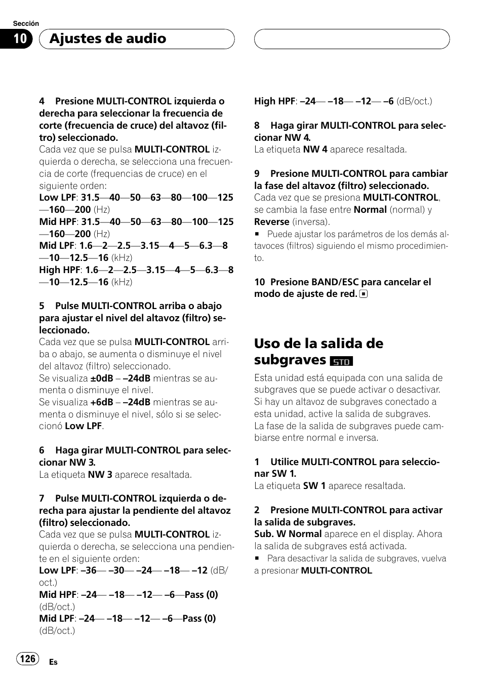 Uso de la salida de subgraves, Ajustes de audio | Pioneer SUPER TUNERIII DEH-P8650MP User Manual | Page 126 / 154
