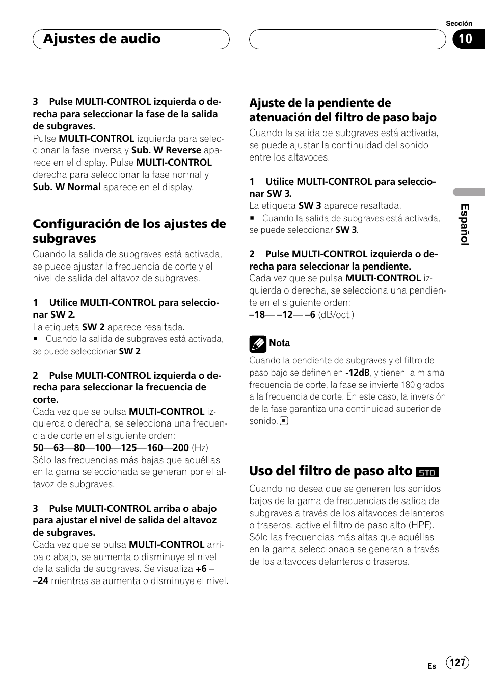 Configuración de los ajustes de, Subgraves 127, Ajuste de la pendiente de atenuación | Del filtro de paso bajo 127, Uso del filtro de paso alto, Configuración de los ajustes de subgraves, Ajuste de la pendiente de atenuación del fil, Tro de paso bajo, Ajustes de audio | Pioneer SUPER TUNERIII DEH-P8650MP User Manual | Page 127 / 154