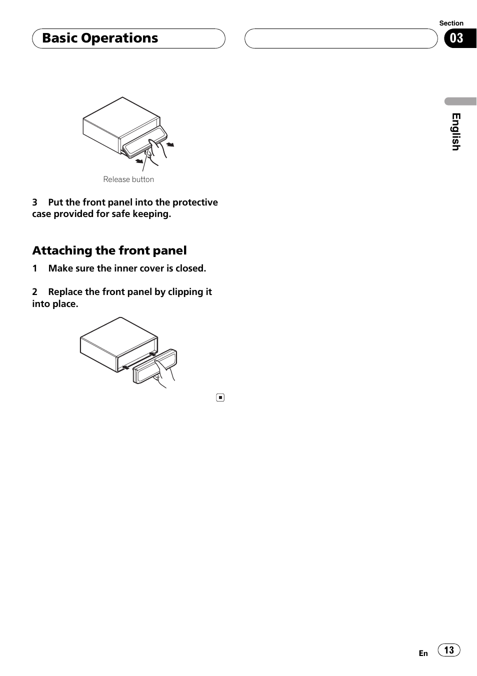 Attaching the front panel 13, Basic operations | Pioneer SUPER TUNERIII DEH-P8650MP User Manual | Page 13 / 154