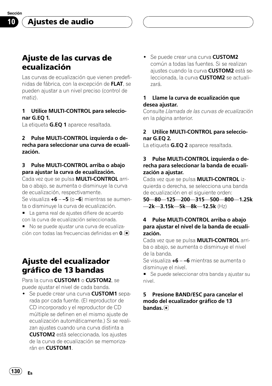 Ajuste de las curvas de ecualización 130, Ajuste del ecualizador gráfico de 13, Bandas 130 | Ajuste de las curvas de ecualización, Ajuste del ecualizador gráfico de 13 bandas, Ajustes de audio | Pioneer SUPER TUNERIII DEH-P8650MP User Manual | Page 130 / 154