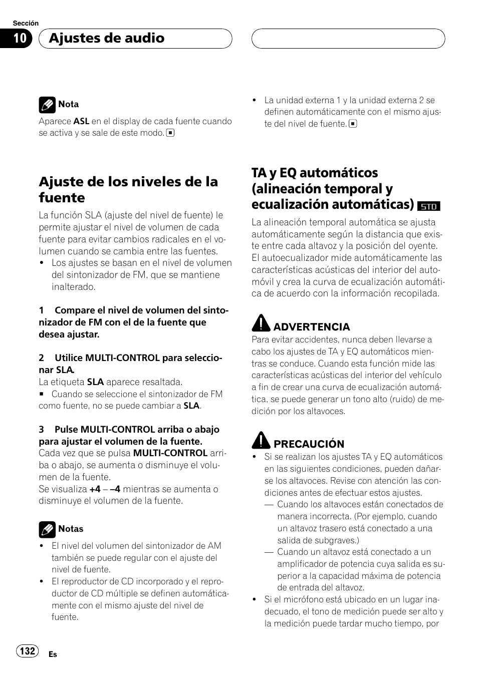 Ajuste de los niveles de la fuente 132, Ta y eq automáticos (alineación temporal y, Ecualización automáticas) | Ajuste de los niveles de la fuente, Ta y eq automáticos, Alineación temporal y ecualización automáti, Cas), Ajustes de audio | Pioneer SUPER TUNERIII DEH-P8650MP User Manual | Page 132 / 154