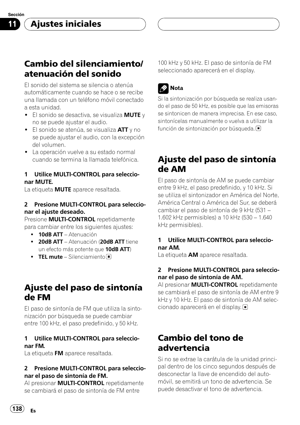 Cambio del silenciamiento/atenuación del, Sonido 138, Ajuste del paso de sintonía de fm 138 | Ajuste del paso de sintonía de am 138, Cambio del tono de advertencia 138, Cambio del tono de advertencia en, Cambio del silenciamiento/ atenuación del sonido, Ajuste del paso de sintonía de fm, Ajuste del paso de sintonía de am, Cambio del tono de advertencia | Pioneer SUPER TUNERIII DEH-P8650MP User Manual | Page 138 / 154