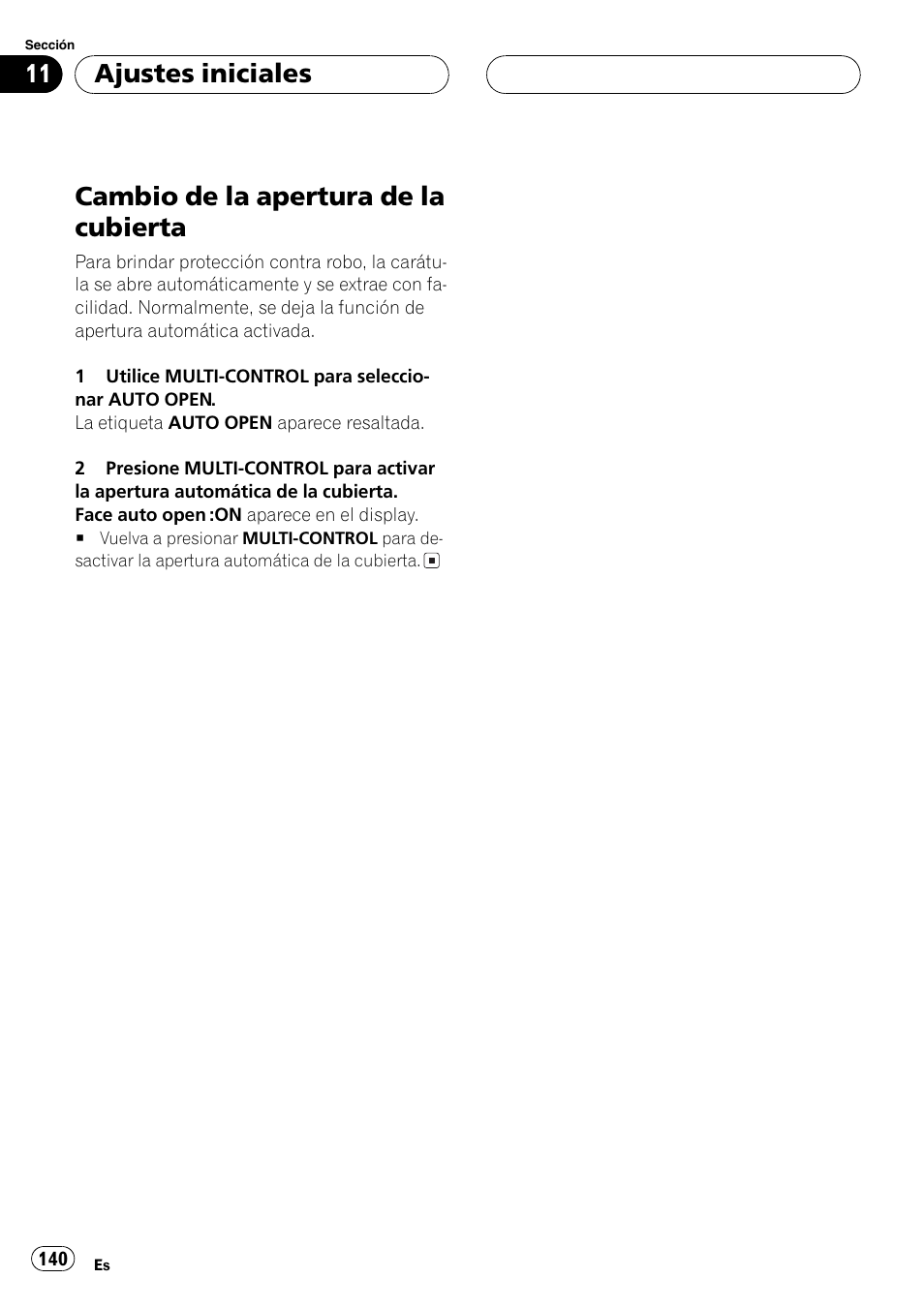 Cambio de la apertura de la cubierta 140, Cambio de la aper, Cambio de la apertura de la cubierta | Ajustes iniciales | Pioneer SUPER TUNERIII DEH-P8650MP User Manual | Page 140 / 154