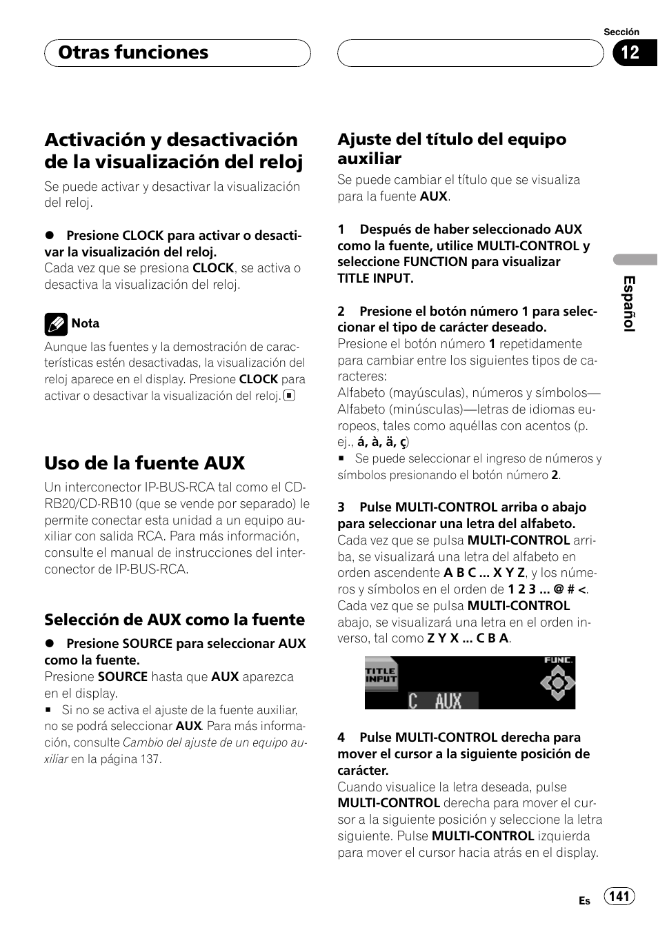 Otras funciones, Activación y desactivación de la visualización, Del reloj 141 | Uso de la fuente aux 141, Selección de aux como la, Fuente 141, Ajuste del título del equipo, Auxiliar 141, Uso de la fuente aux | Pioneer SUPER TUNERIII DEH-P8650MP User Manual | Page 141 / 154