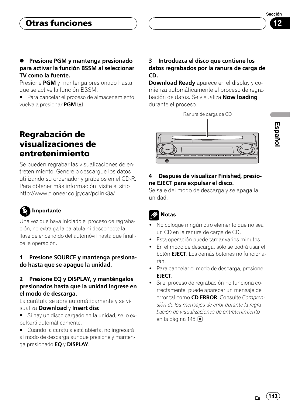 Regrabación de visualizaciones de, Entretenimiento 143, Regrabación de visualizaciones de entretenimiento | Otras funciones | Pioneer SUPER TUNERIII DEH-P8650MP User Manual | Page 143 / 154