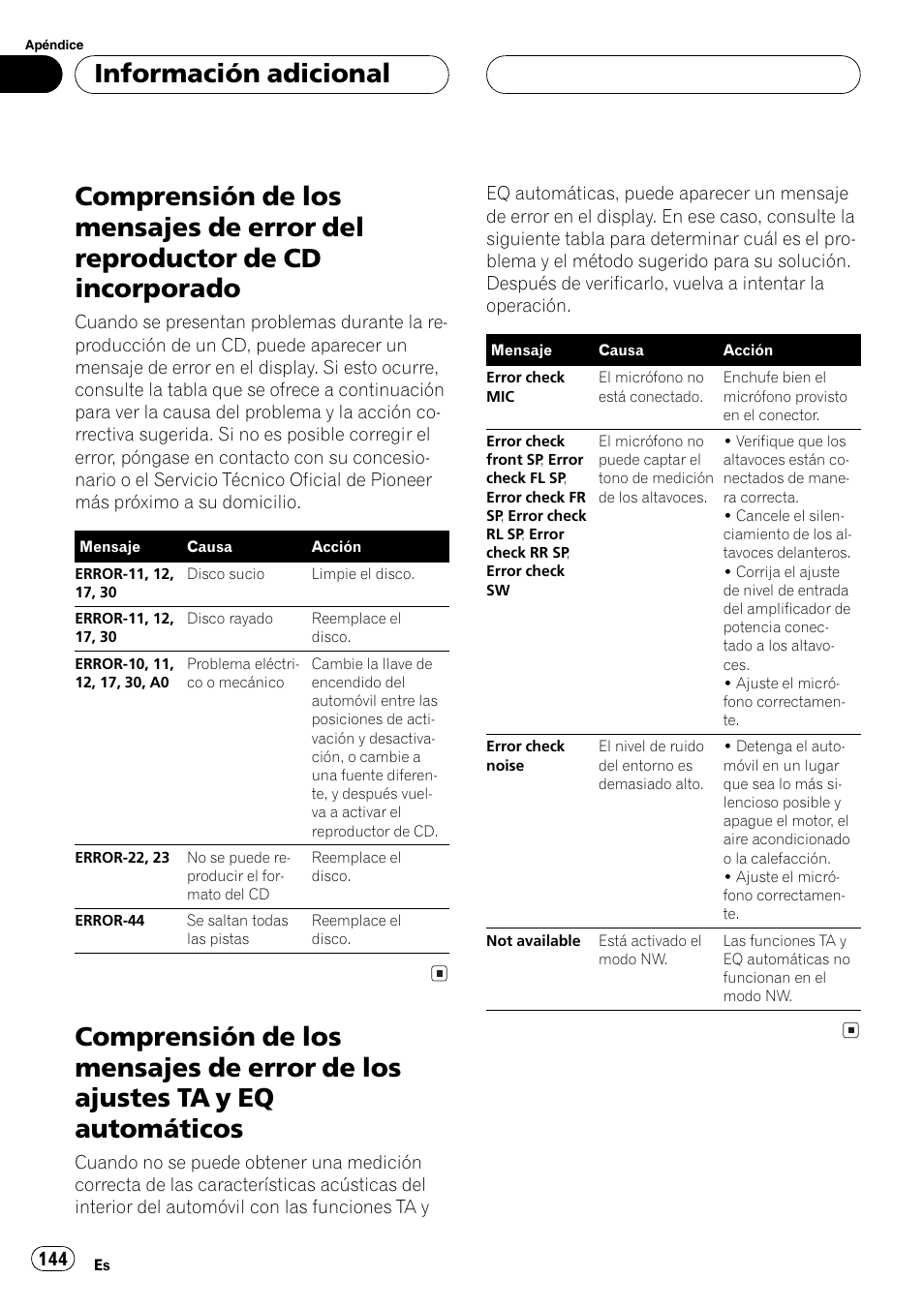 Información adicional, Comprensión de los mensajes de error del, Reproductor de cd incorporado 144 | Comprensión de los mensajes de error de los, Ajustes ta y eq automáticos 144 | Pioneer SUPER TUNERIII DEH-P8650MP User Manual | Page 144 / 154