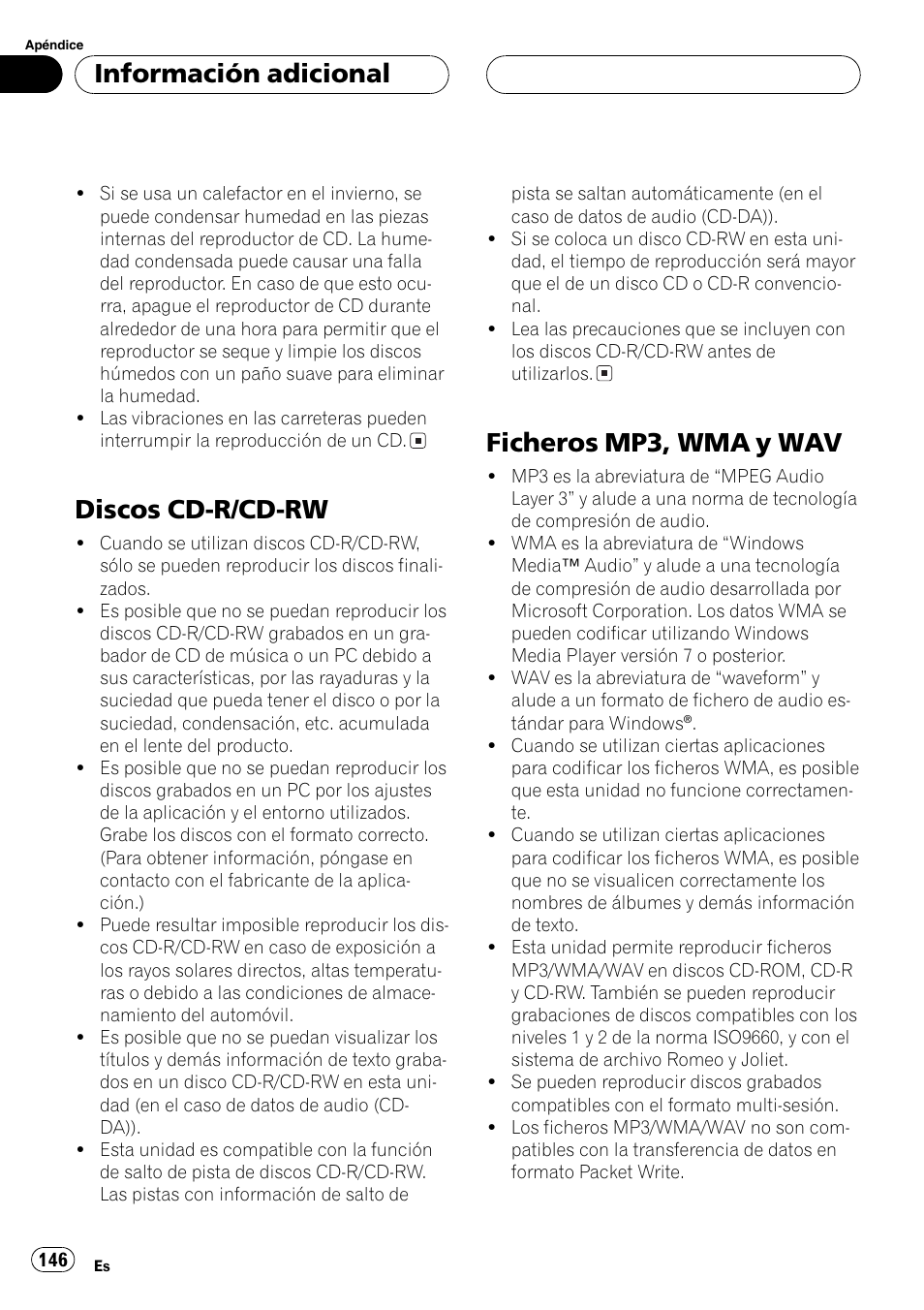 Discos cd-r/cd-rw 146, Ficheros mp3, wma y wav 146, Discos cd-r/cd-rw | Ficheros mp3, wma y wav, Información adicional | Pioneer SUPER TUNERIII DEH-P8650MP User Manual | Page 146 / 154