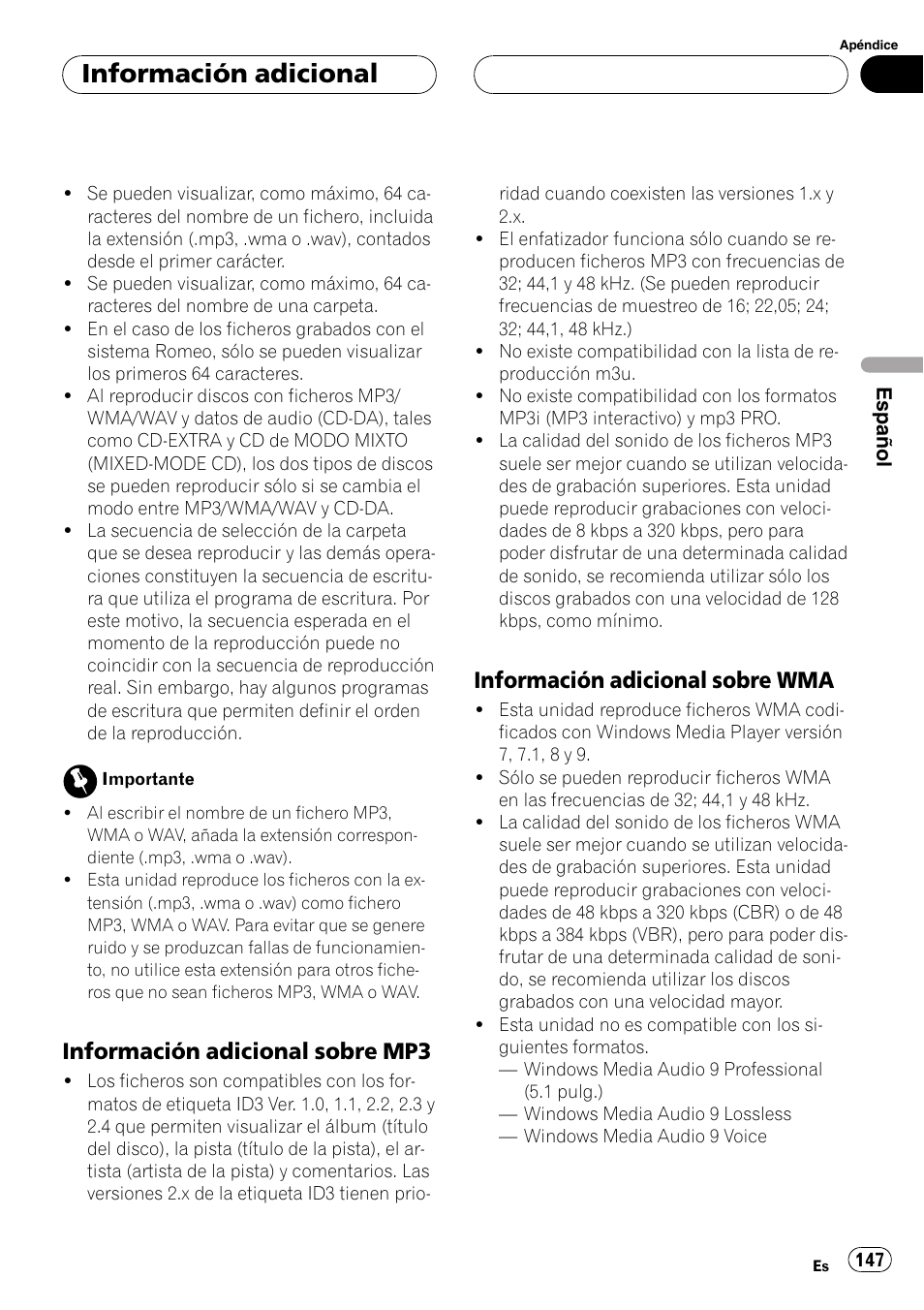 Información adicional sobre, Mp3 147, Wma 147 | Información adicional, Información adicional sobre mp3, Información adicional sobre wma | Pioneer SUPER TUNERIII DEH-P8650MP User Manual | Page 147 / 154