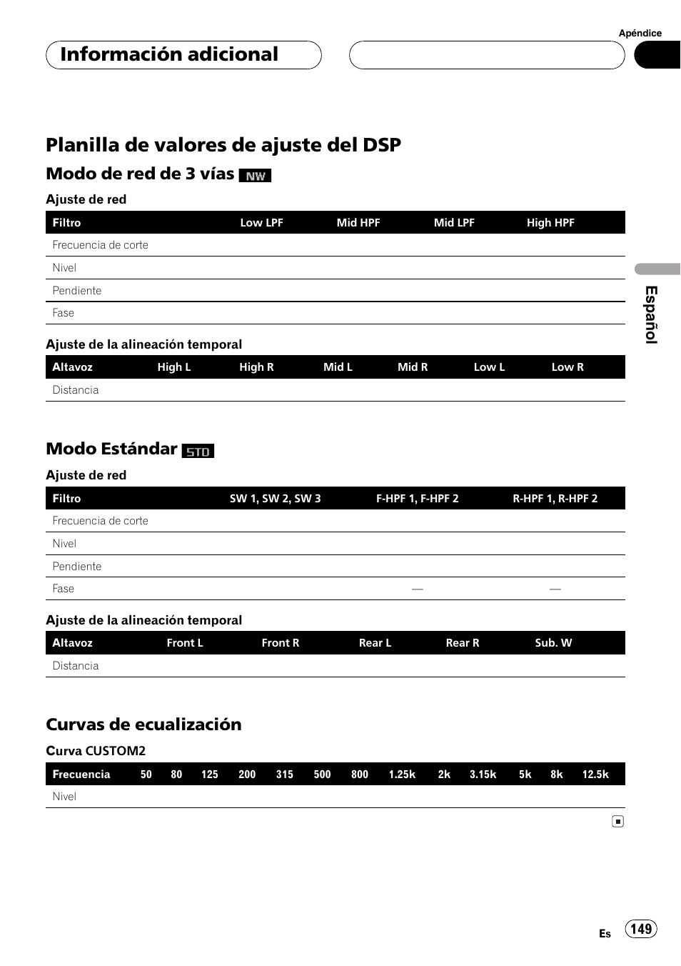 Planilla de valores de ajuste del dsp 149, Modo de red de 3 vías, Modo estándar | Curvas de ecualización 149, Planilla de valores de ajuste del dsp, Información adicional, Curvas de ecualización, Español | Pioneer SUPER TUNERIII DEH-P8650MP User Manual | Page 149 / 154
