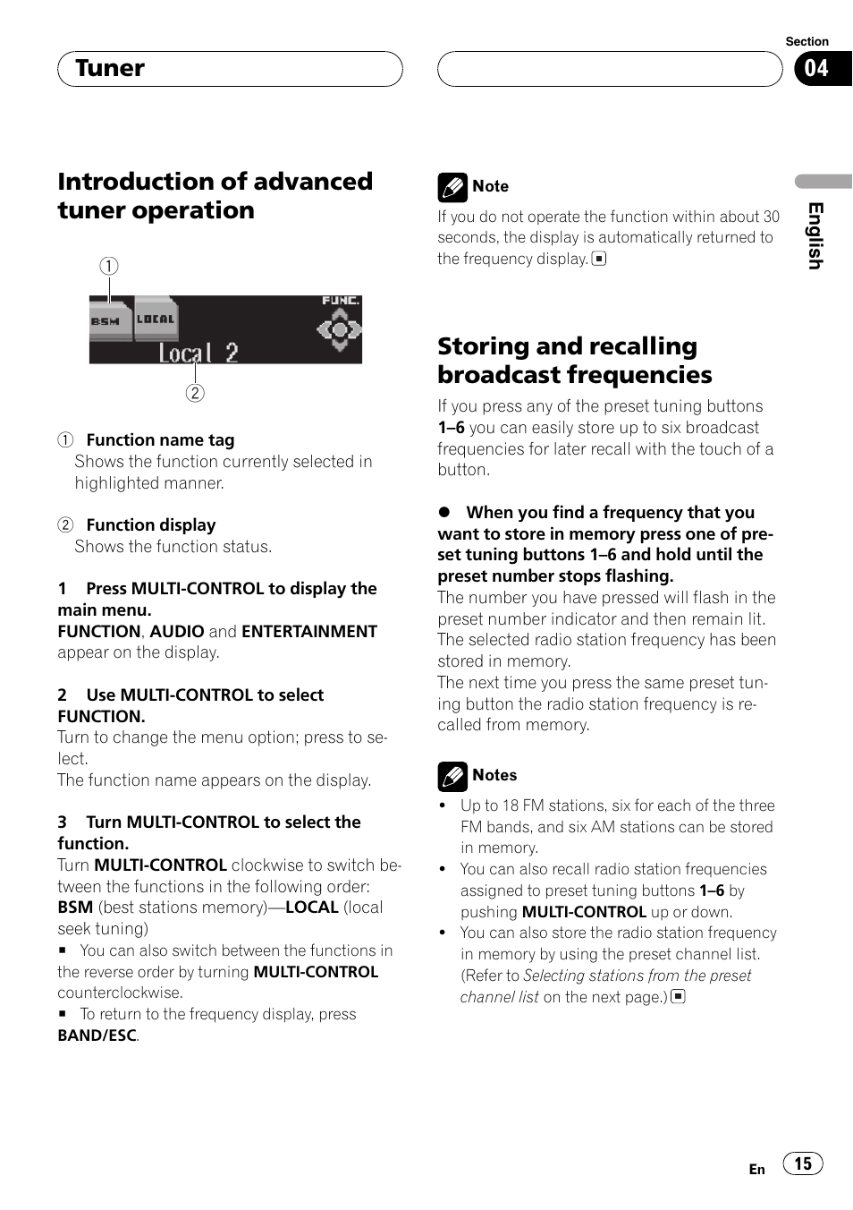 Introduction ofadvanced tuner, Operation 15, Storing and recalling broadcast | Frequencies 15, Introduction of advanced tuner operation, Storingand recalling broadcast frequencies, Tuner | Pioneer SUPER TUNERIII DEH-P8650MP User Manual | Page 15 / 154