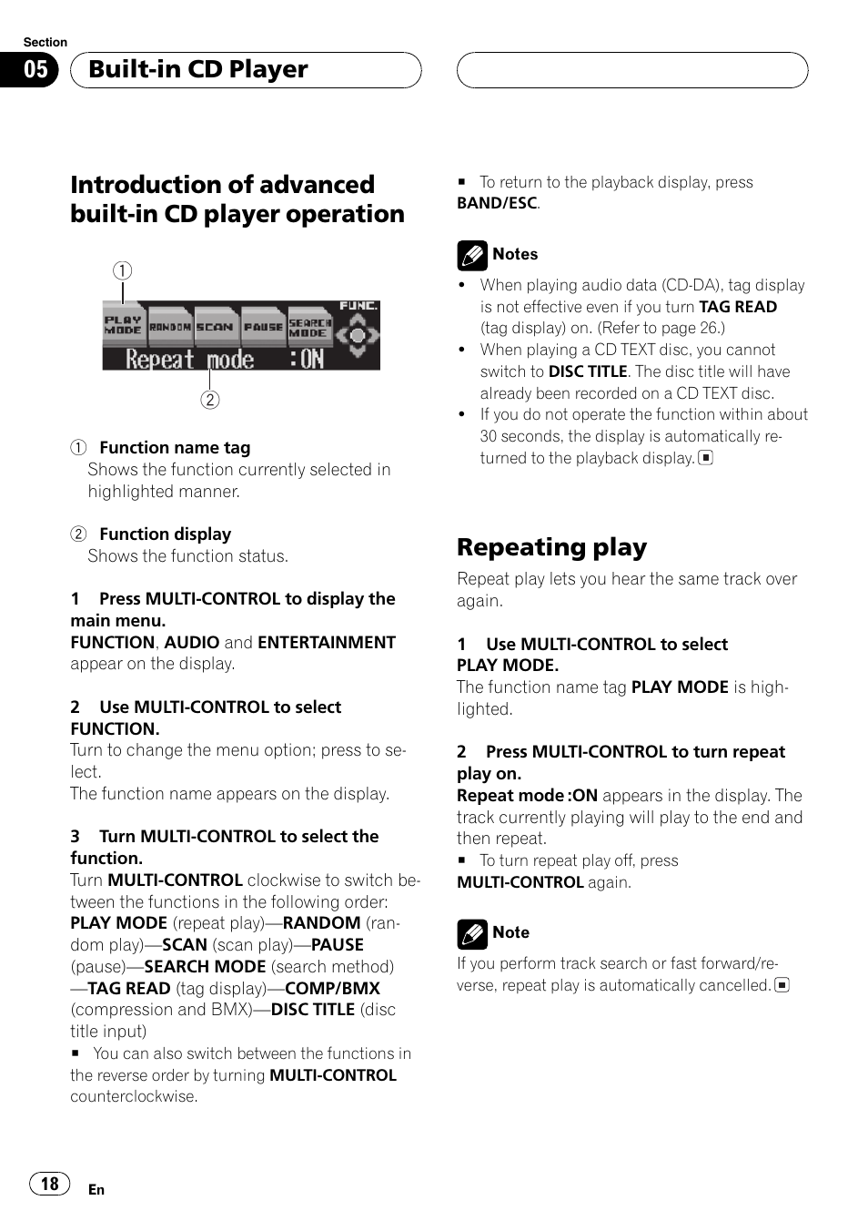 Introduction ofadvanced built-in cd player, Operation 18, Repeating play 18 | Repeatingplay, Built-in cd player | Pioneer SUPER TUNERIII DEH-P8650MP User Manual | Page 18 / 154