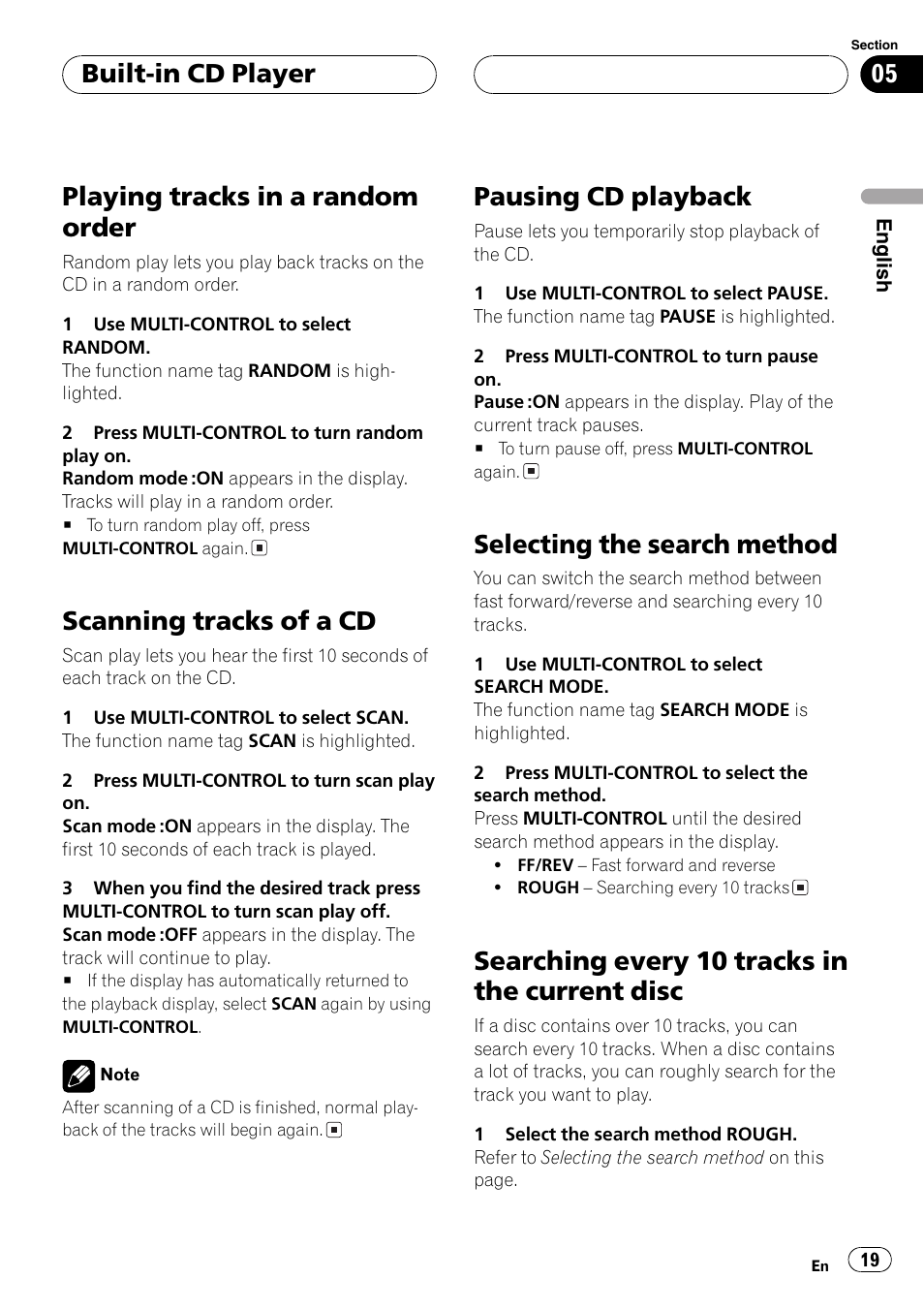Disc 19, Playingtracks in a random order, Scanningtracks of a cd | Pausingcd playback, Selectingthe search method, Searchingevery 10 tracks in the current disc, Built-in cd player | Pioneer SUPER TUNERIII DEH-P8650MP User Manual | Page 19 / 154