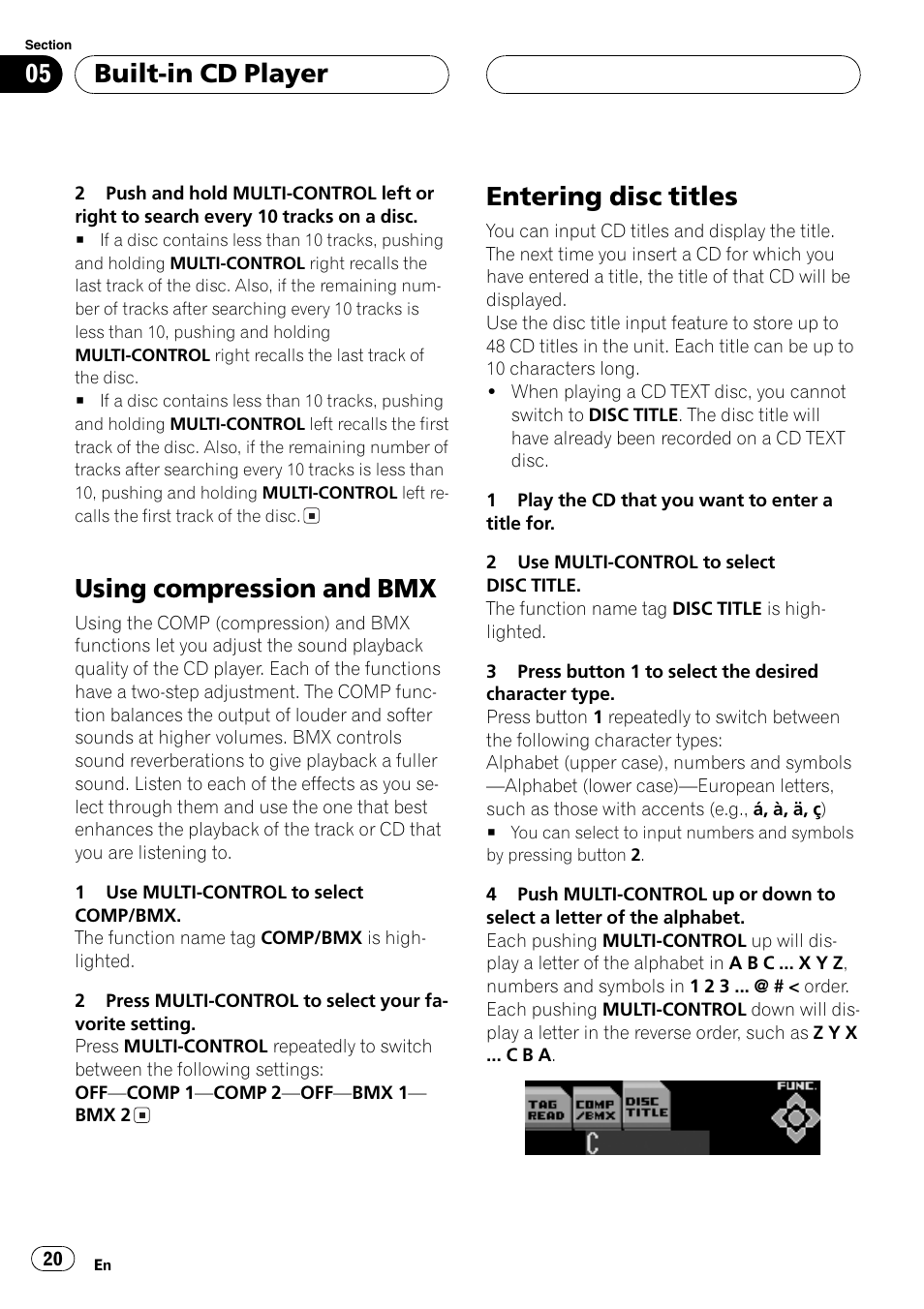 Usingcompression and bmx, Enteringdisc titles, Built-in cd player | Pioneer SUPER TUNERIII DEH-P8650MP User Manual | Page 20 / 154