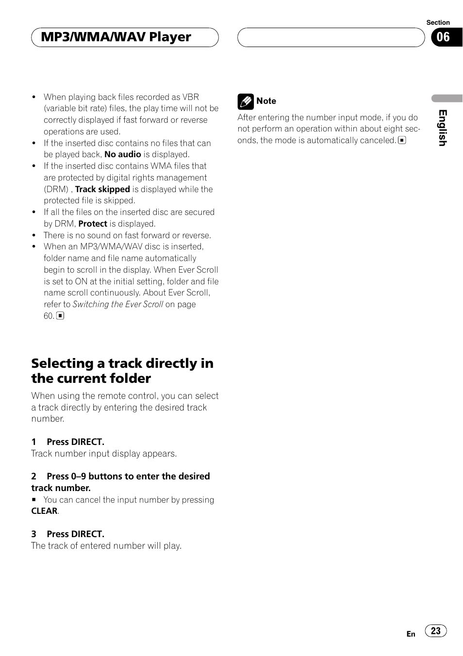 Selecting a track directly in the current, Folder 23, Selectinga track directly in the current folder | Mp3/wma/wav player | Pioneer SUPER TUNERIII DEH-P8650MP User Manual | Page 23 / 154