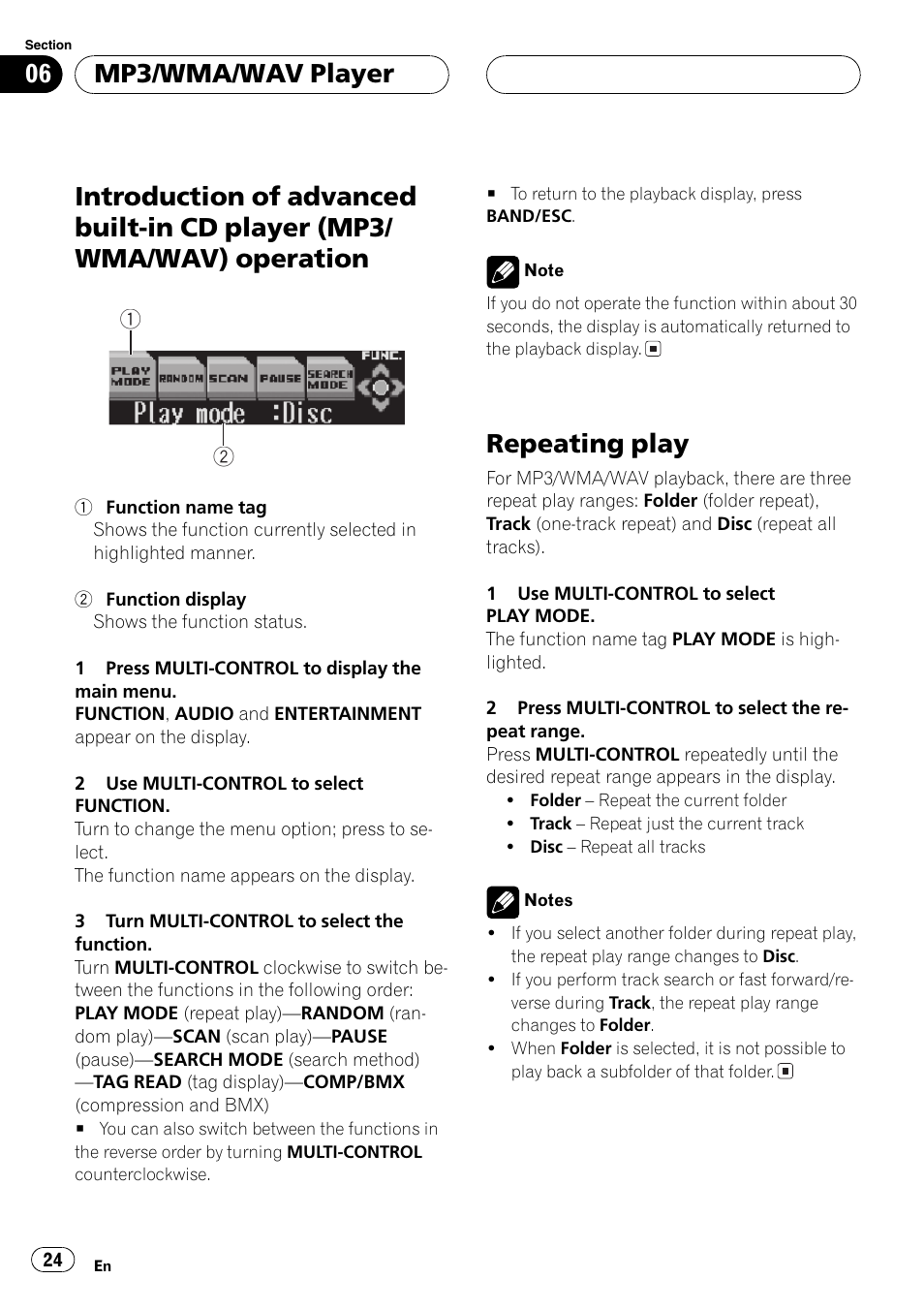 Introduction ofadvanced built-in cd player, Mp3/wma/wav) operation 24, Repeating play 24 | Repeatingplay, Mp3/wma/wav player | Pioneer SUPER TUNERIII DEH-P8650MP User Manual | Page 24 / 154