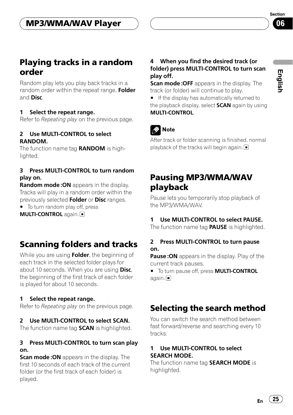 Playingtracks in a random order, Scanningfolders and tracks, Pausingmp3/wma/wav playback | Selectingthe search method, Mp3/wma/wav player | Pioneer SUPER TUNERIII DEH-P8650MP User Manual | Page 25 / 154