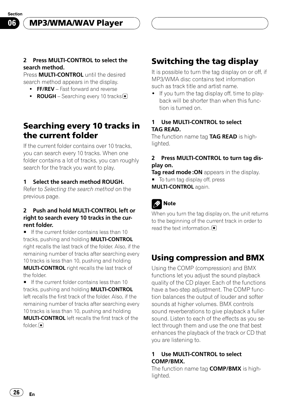 Searching every 10 tracks in the current, Folder 26, Searchingevery 10 tracks in the current folder | Switchingthe tagdisplay, Usingcompression and bmx, Mp3/wma/wav player | Pioneer SUPER TUNERIII DEH-P8650MP User Manual | Page 26 / 154