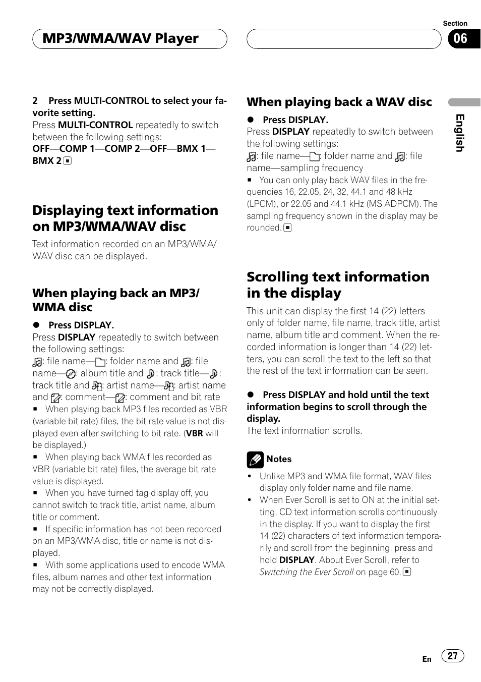 Displaying text information on mp3/wma, Wav disc 27, When playing back an mp3/wma | Disc 27, When playing back a wav disc 27, Scrolling text information in the display 27, Displayingtext information on mp3/wma/wav disc, Scrollingtext information in the display, Mp3/wma/wav player | Pioneer SUPER TUNERIII DEH-P8650MP User Manual | Page 27 / 154