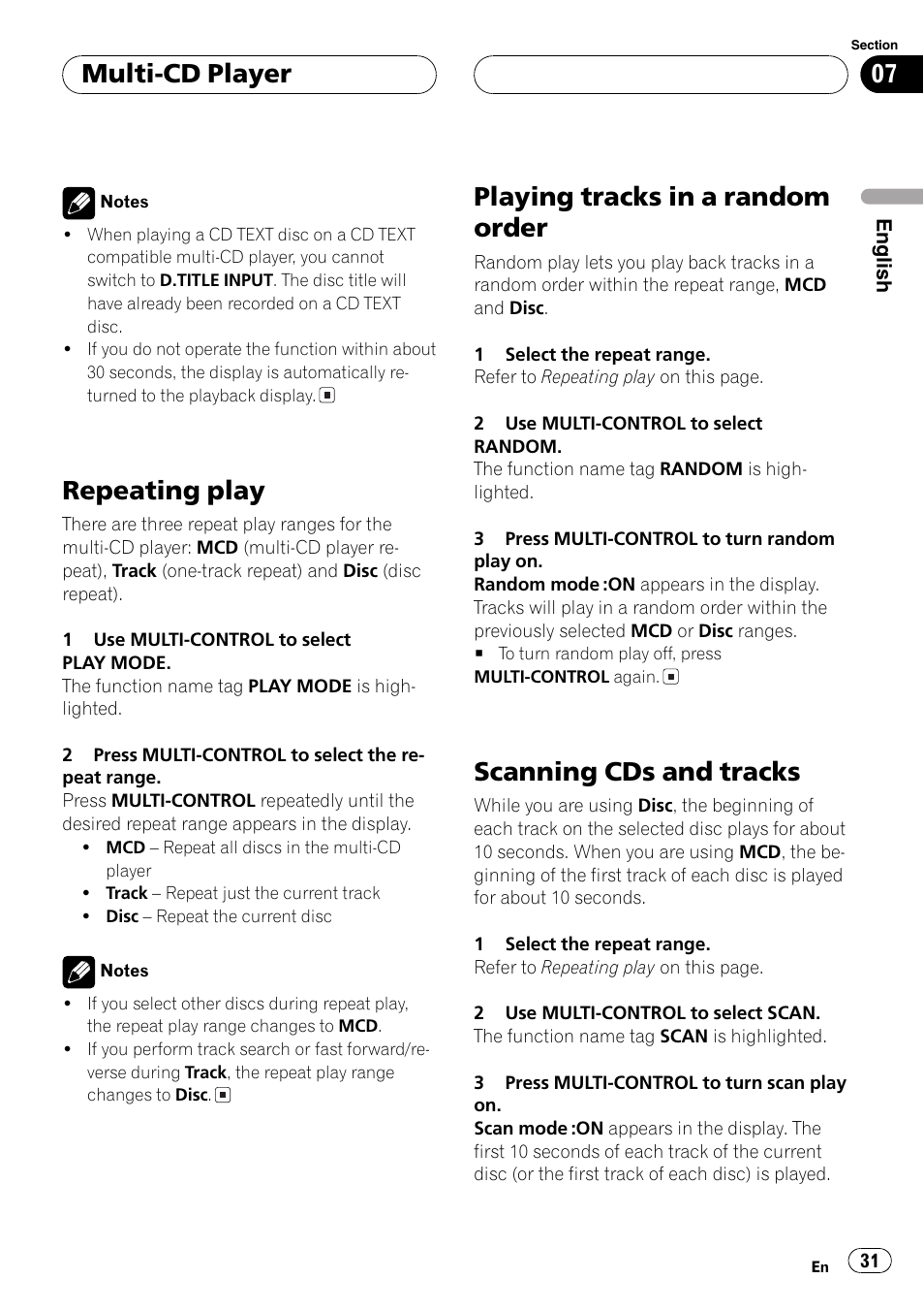 Repeatingplay, Playingtracks in a random order, Scanningcds and tracks | Multi-cd player | Pioneer SUPER TUNERIII DEH-P8650MP User Manual | Page 31 / 154