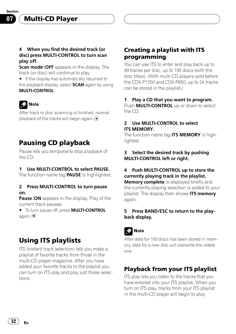 Pausing cd playback 32 using its playlists 32, Creating a playlist with its, Programming 32 | Playback from your its playlist 32, Pausingcd playback, Usingits playlists, Multi-cd player, Creatinga playlist with its programming, Playback from your its playlist | Pioneer SUPER TUNERIII DEH-P8650MP User Manual | Page 32 / 154