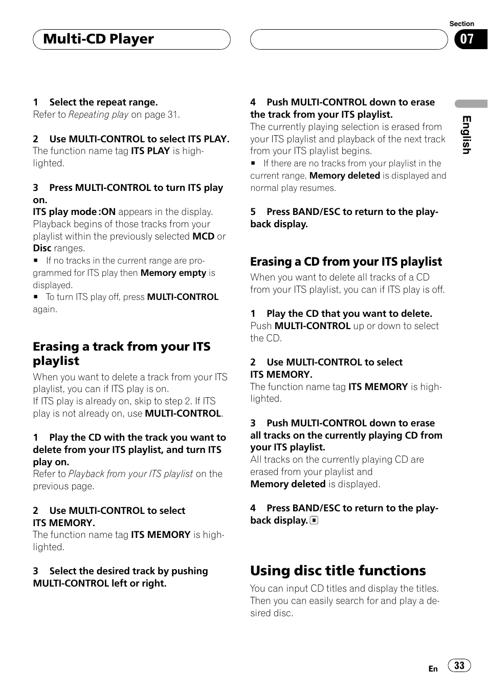 Erasing a track from your its, Playlist 33, Erasing a cd from your its | Using disc title functions 33, Usingdisc title functions, Multi-cd player, Erasinga track from your its playlist, Erasinga cd from your its playlist | Pioneer SUPER TUNERIII DEH-P8650MP User Manual | Page 33 / 154