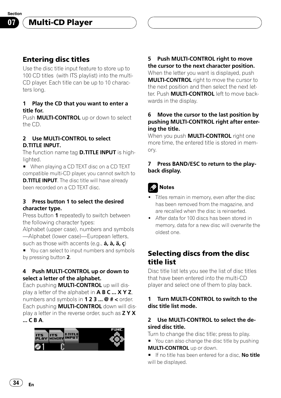 Entering disc titles 34, Selecting discs from the disc title, List 34 | Multi-cd player, Enteringdisc titles, Selectingdiscs from the disc title list | Pioneer SUPER TUNERIII DEH-P8650MP User Manual | Page 34 / 154