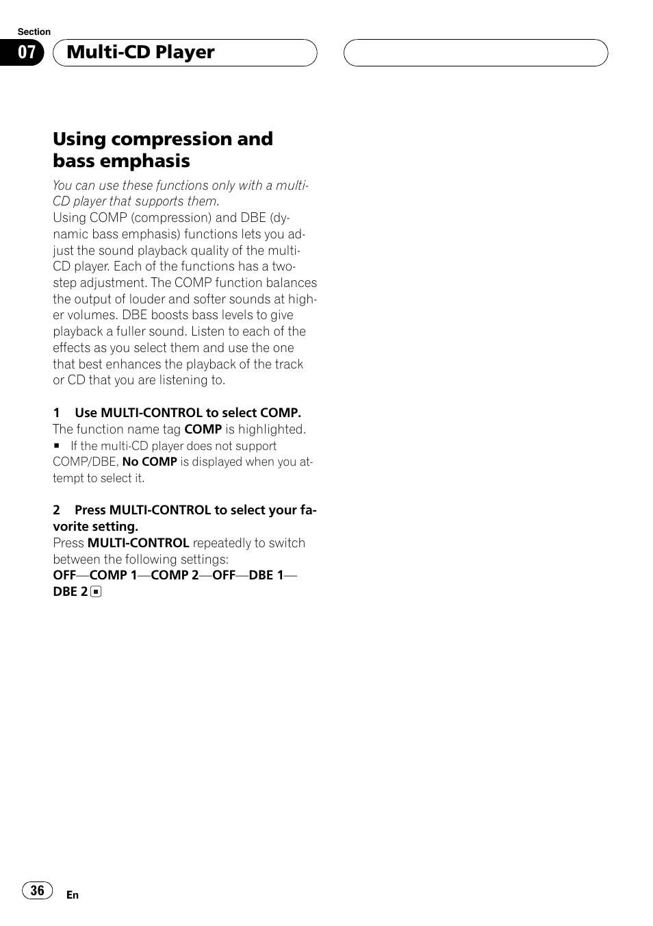 Using compression and bass emphasis 36, Usingcompression and bass emphasis, Multi-cd player | Pioneer SUPER TUNERIII DEH-P8650MP User Manual | Page 36 / 154