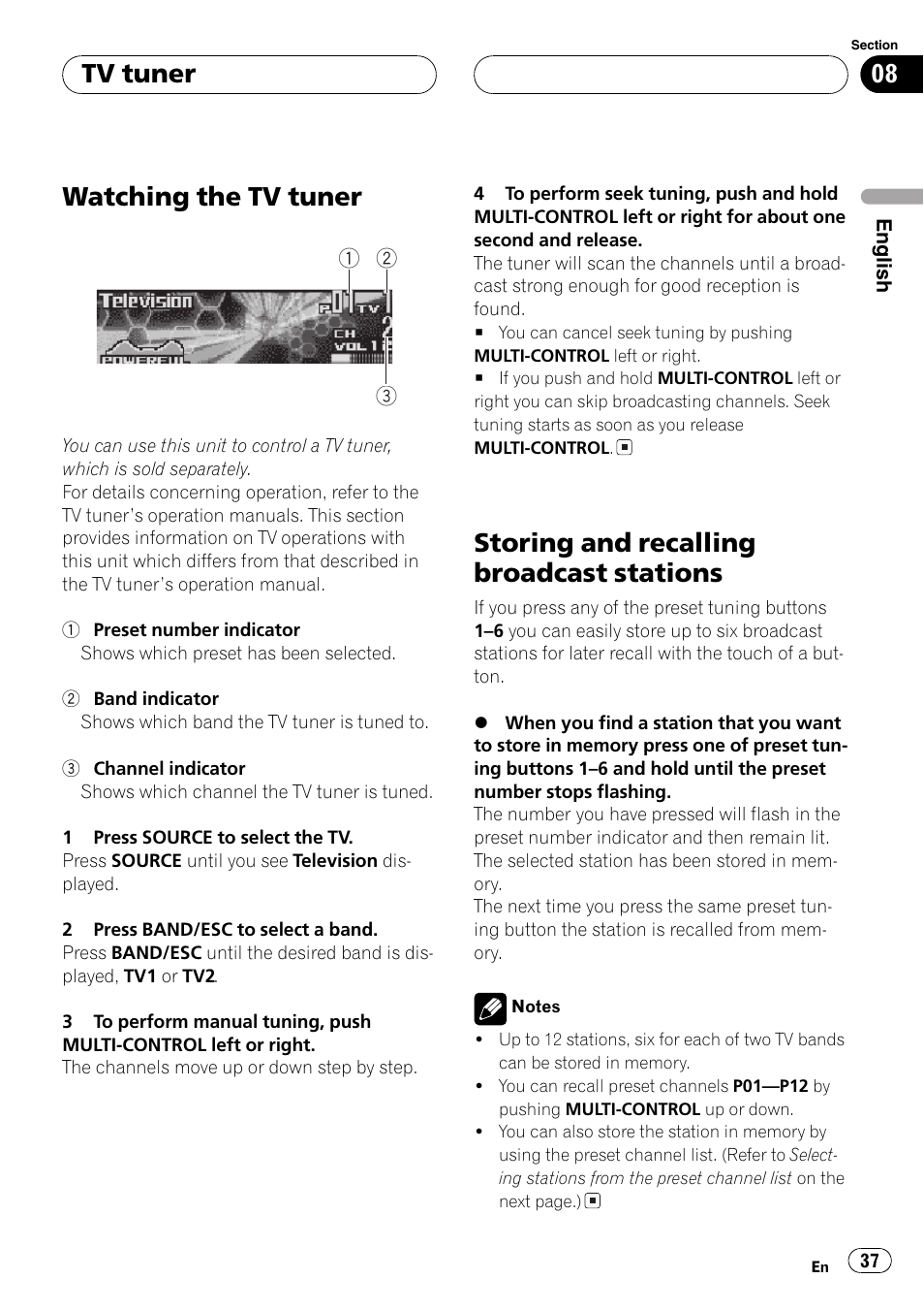 Watchingthe tv tuner, Storingand recalling broadcast stations, Tv tuner | Pioneer SUPER TUNERIII DEH-P8650MP User Manual | Page 37 / 154