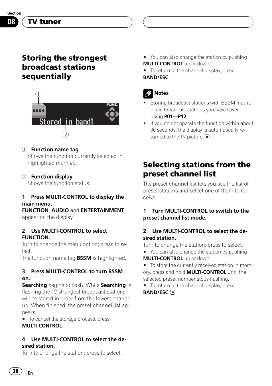 Storing the strongest broadcast stations, Sequentially 38, Selecting stations from the preset channel | List 38, Selectingstations from the preset channel list, Tv tuner | Pioneer SUPER TUNERIII DEH-P8650MP User Manual | Page 38 / 154