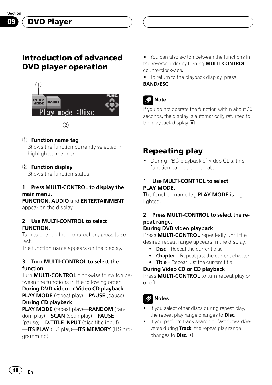Introduction ofadvanced dvd player, Operation 40, Repeating play 40 | Introduction of advanced dvd player operation, Repeatingplay, Dvd player | Pioneer SUPER TUNERIII DEH-P8650MP User Manual | Page 40 / 154