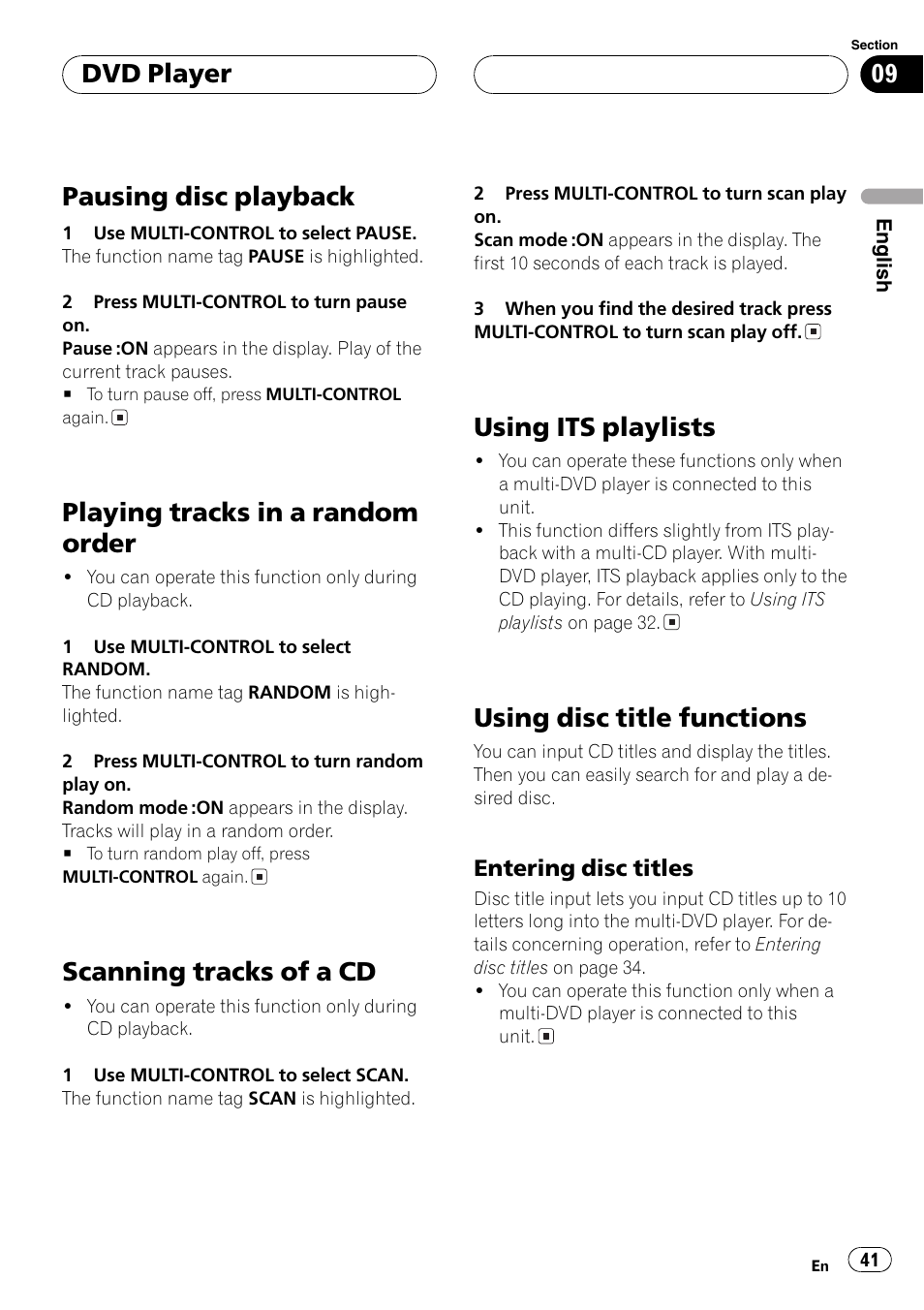 Entering disc titles 41, Pausingdisc playback, Playingtracks in a random order | Scanningtracks of a cd, Usingits playlists, Usingdisc title functions, Dvd player | Pioneer SUPER TUNERIII DEH-P8650MP User Manual | Page 41 / 154