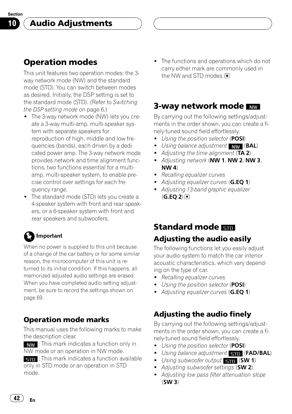 Audio adjustments operation modes 42, Operation mode marks 42, Way network mode | Standard mode, Adjusting the audio easily 42, Adjusting the audio finely 42, Operation modes, Audio adjustments, Operation mode marks, Adjustingthe audio easily | Pioneer SUPER TUNERIII DEH-P8650MP User Manual | Page 42 / 154