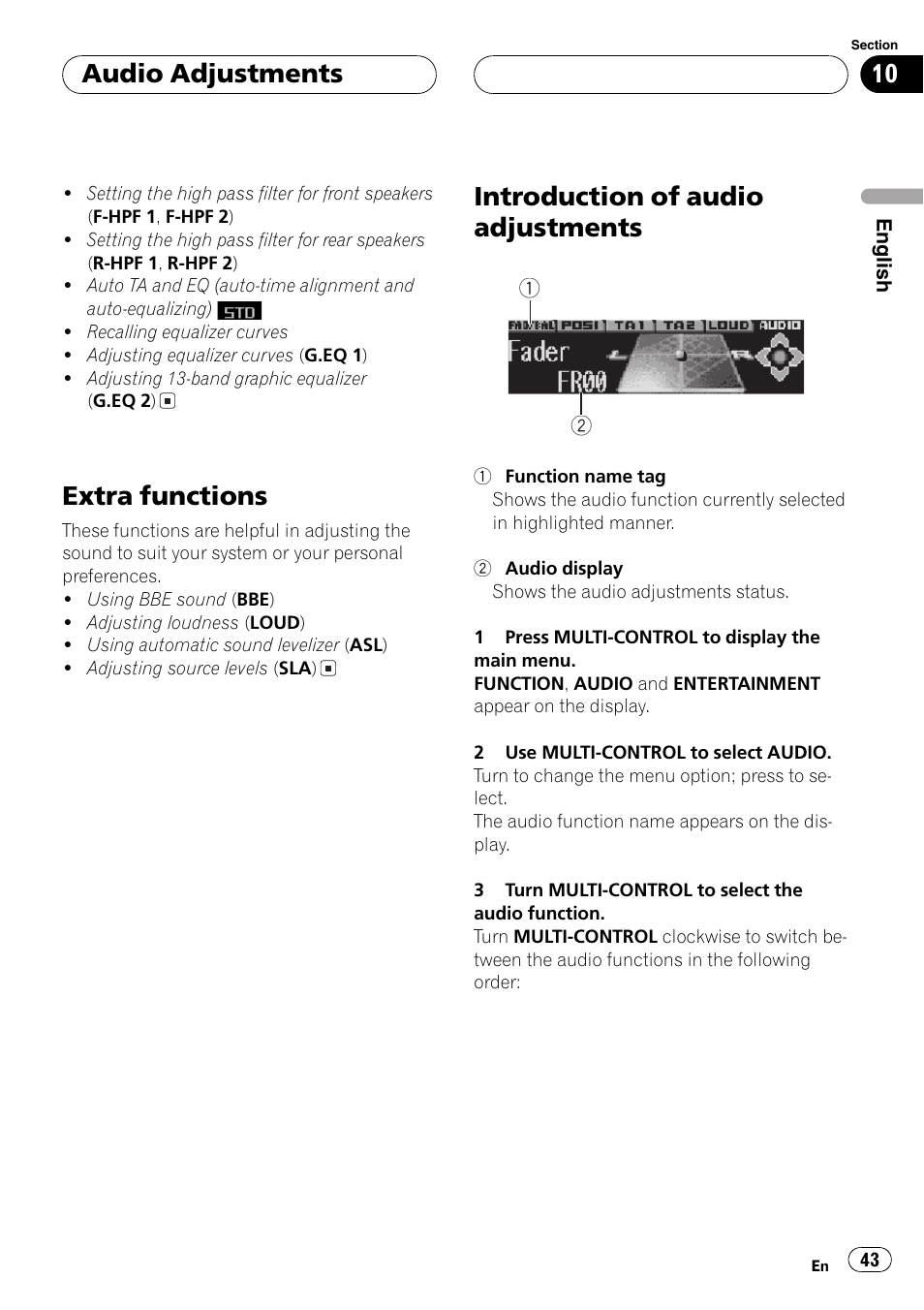 Extra functions, Introduction of audio adjustments, Audio adjustments | Pioneer SUPER TUNERIII DEH-P8650MP User Manual | Page 43 / 154