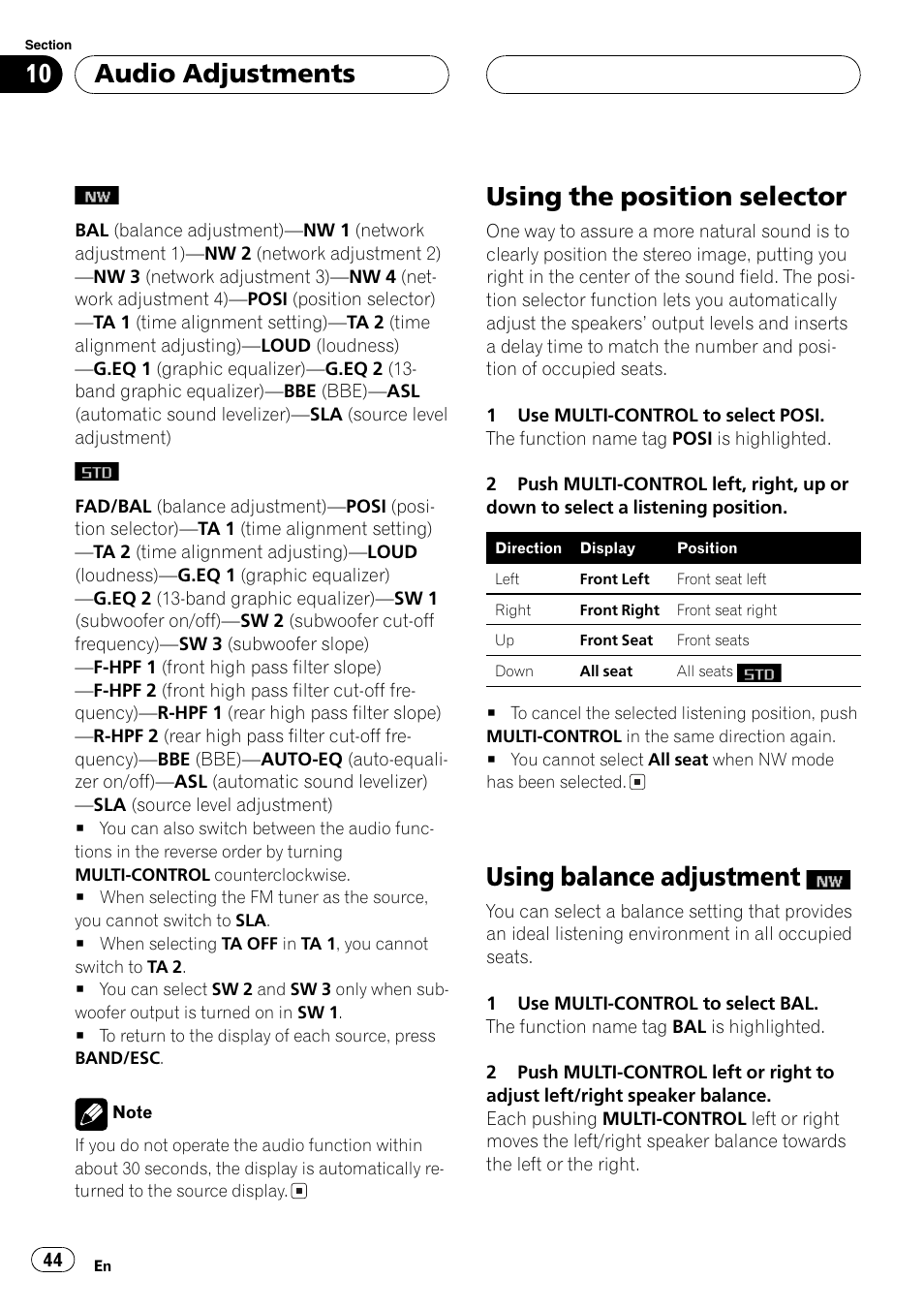 Using the position selector, Using balance adjustment, Usingthe position selector | Usingbalance adjustment, Audio adjustments | Pioneer SUPER TUNERIII DEH-P8650MP User Manual | Page 44 / 154