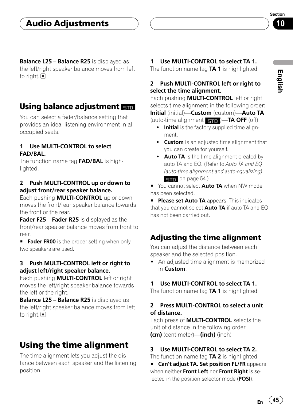 Using balance adjustment, Using the time alignment 45, Adjusting the time alignment 45 | Adjusting the time alignment, Usingbalance adjustment, Usingthe time alignment, Audio adjustments, Adjustingthe time alignment | Pioneer SUPER TUNERIII DEH-P8650MP User Manual | Page 45 / 154