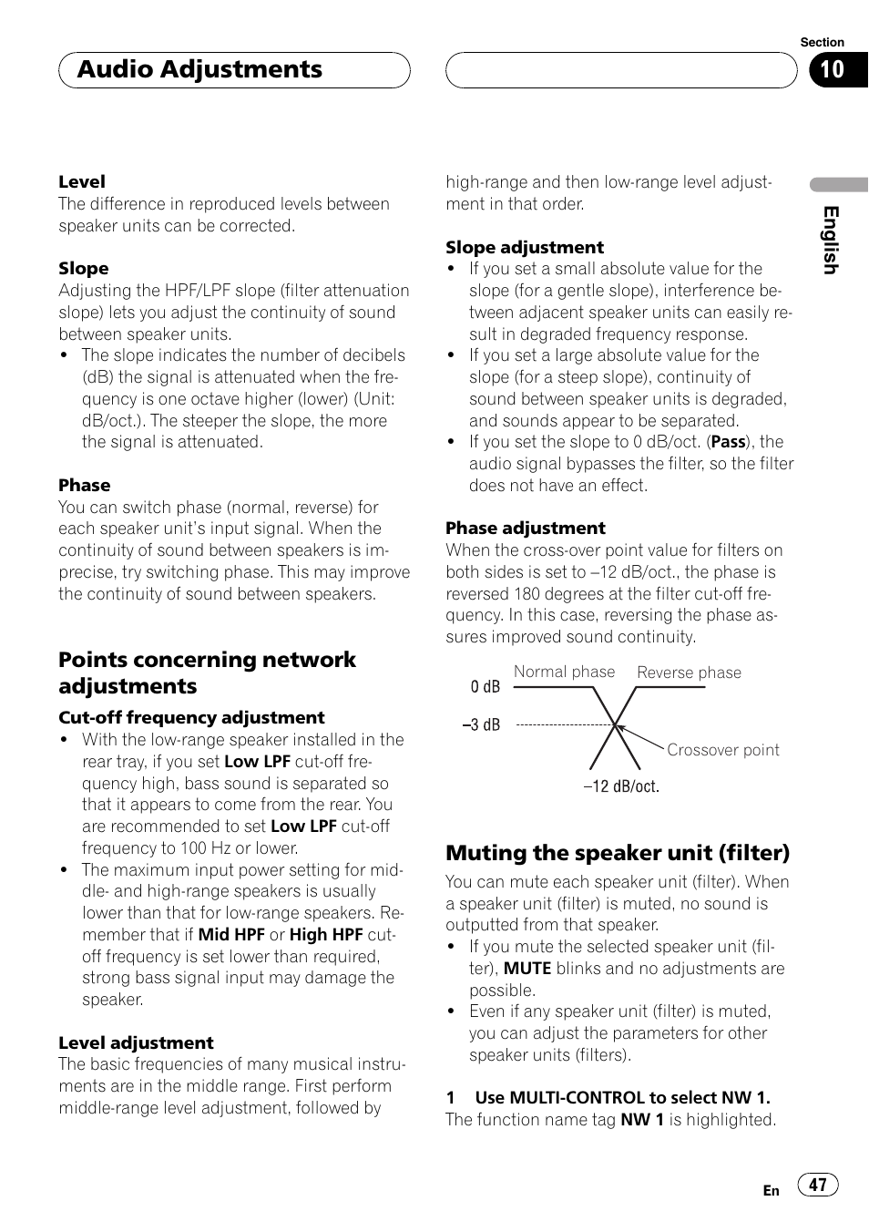 Points concerning network, Adjustments 47, Muting the speaker unit (filter) 47 | Audio adjustments, Points concerningnetwork adjustments, Mutingthe speaker unit (filter) | Pioneer SUPER TUNERIII DEH-P8650MP User Manual | Page 47 / 154