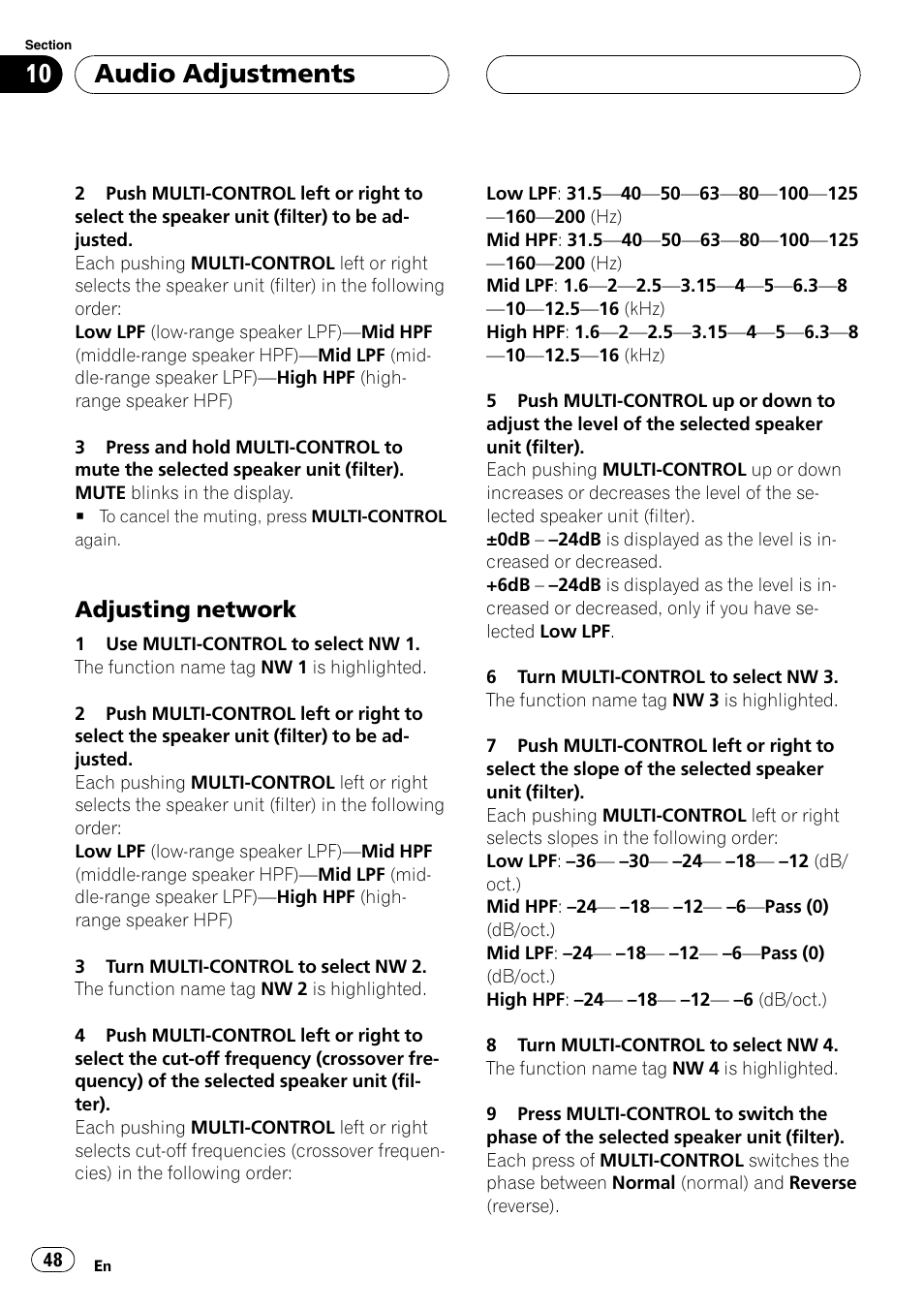 Adjusting network 48, Adjusting network, Audio adjustments | Adjustingnetwork | Pioneer SUPER TUNERIII DEH-P8650MP User Manual | Page 48 / 154