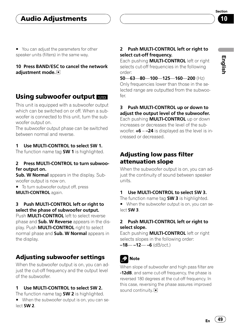 Using subwoofer output, Adjusting subwoofer settings 49, Adjusting low pass filter attenuation | Slope 49, Adjusting subwoofer settings, Adjusting low pass filter attenuation slope, Usingsubwoofer output, Audio adjustments, Adjustingsubwoofer settings, Adjustinglow pass filter attenuation slope | Pioneer SUPER TUNERIII DEH-P8650MP User Manual | Page 49 / 154