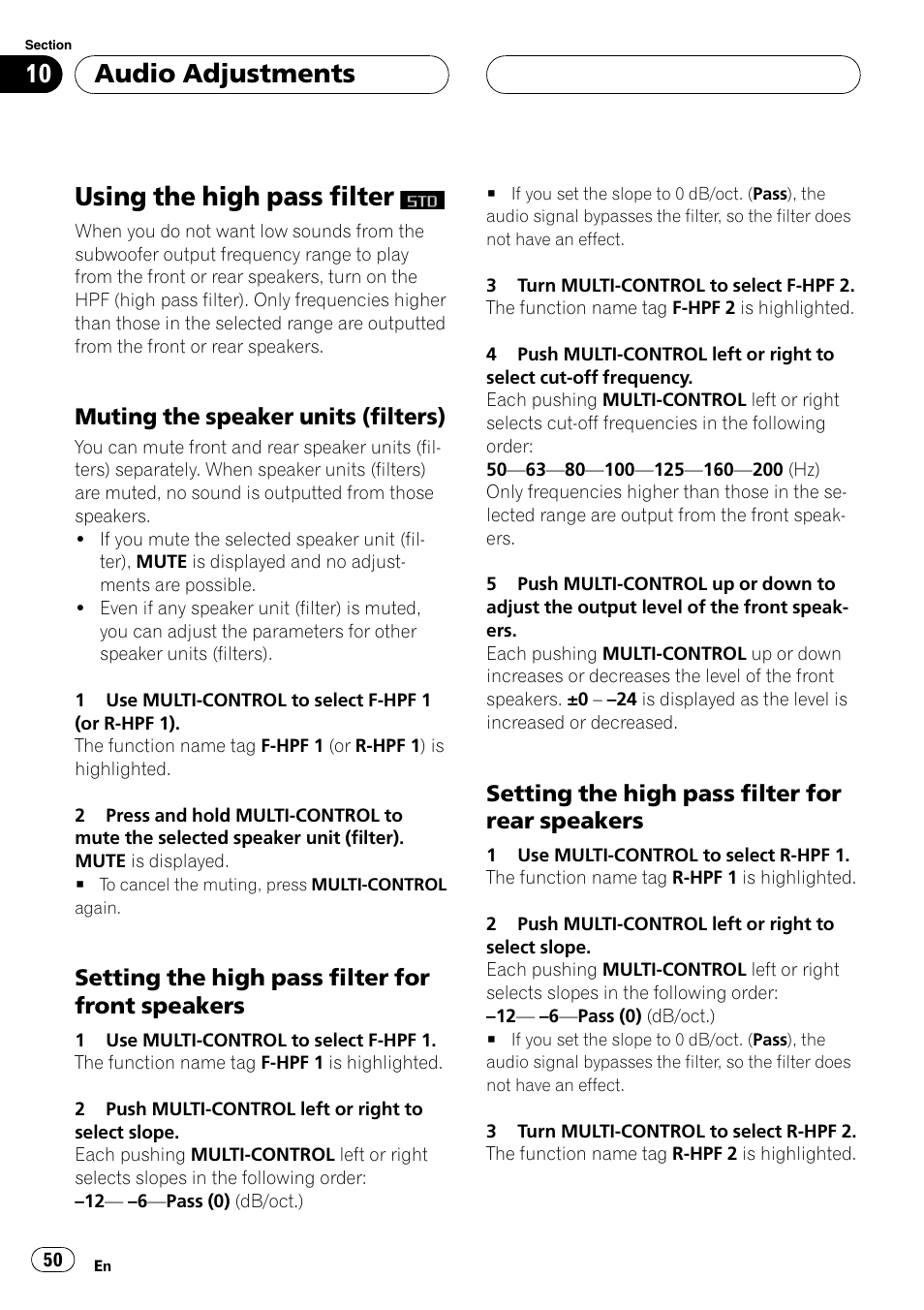 Using the high pass filter, Muting the speaker units (filters) 50, Setting the high pass filter for front | Speakers 50, Setting the high pass filter for rear, Setting the high pass filter for front speakers, Setting the high pass filter for rear speakers, Usingthe high pass filter, Audio adjustments, Mutingthe speaker units (filters) | Pioneer SUPER TUNERIII DEH-P8650MP User Manual | Page 50 / 154