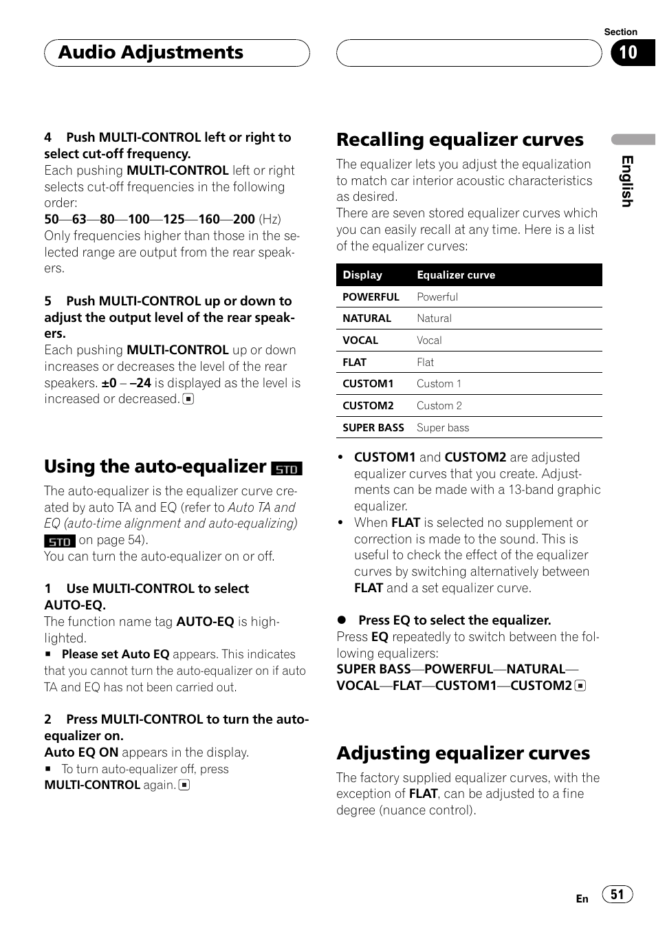 Using the auto-equalizer, Recalling equalizer curves, Adjusting equalizer curves | Usingthe auto-equalizer, Recallingequalizer curves, Adjustingequalizer curves, Audio adjustments | Pioneer SUPER TUNERIII DEH-P8650MP User Manual | Page 51 / 154