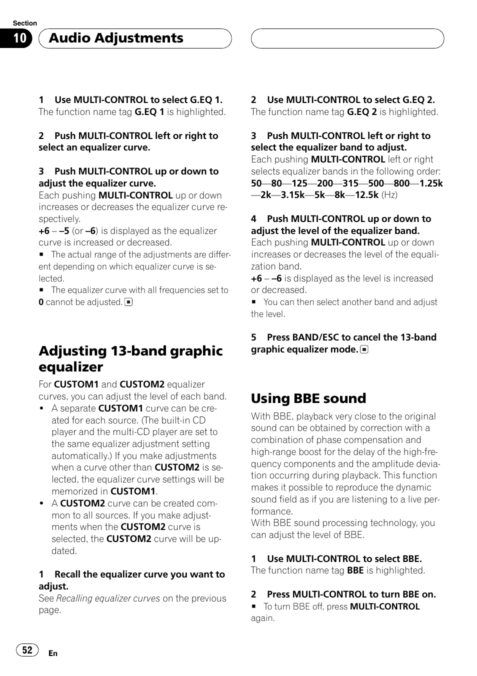Adjusting 13-band graphic equalizer, Using bbe sound, Adjusting13-band graphic equalizer | Usingbbe sound, Audio adjustments | Pioneer SUPER TUNERIII DEH-P8650MP User Manual | Page 52 / 154