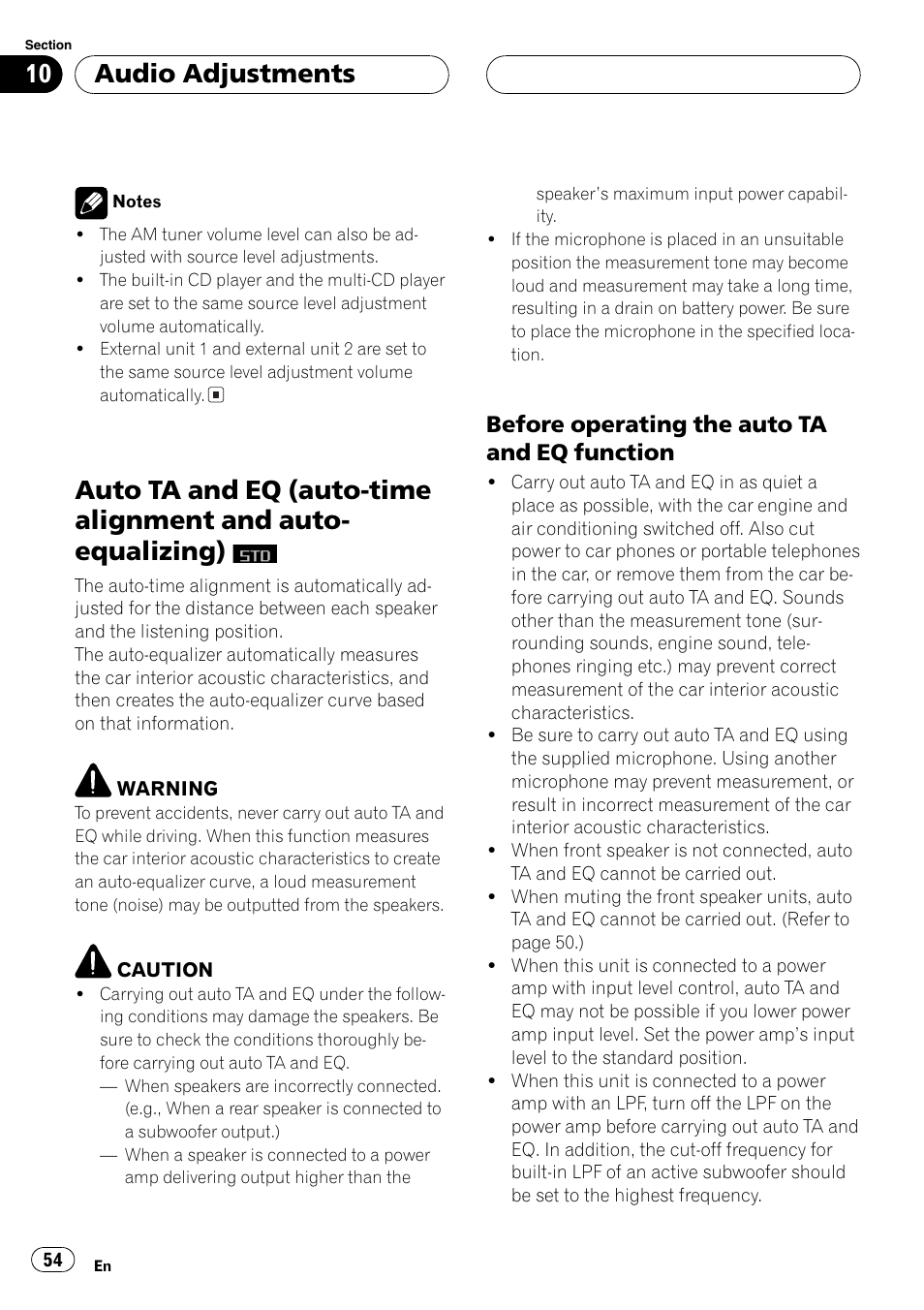 Auto ta and eq (auto-time alignment and, Auto-equalizing), Before operating the auto ta and eq | Function 54, Audio adjustments, Before operatingthe auto ta and eq function | Pioneer SUPER TUNERIII DEH-P8650MP User Manual | Page 54 / 154