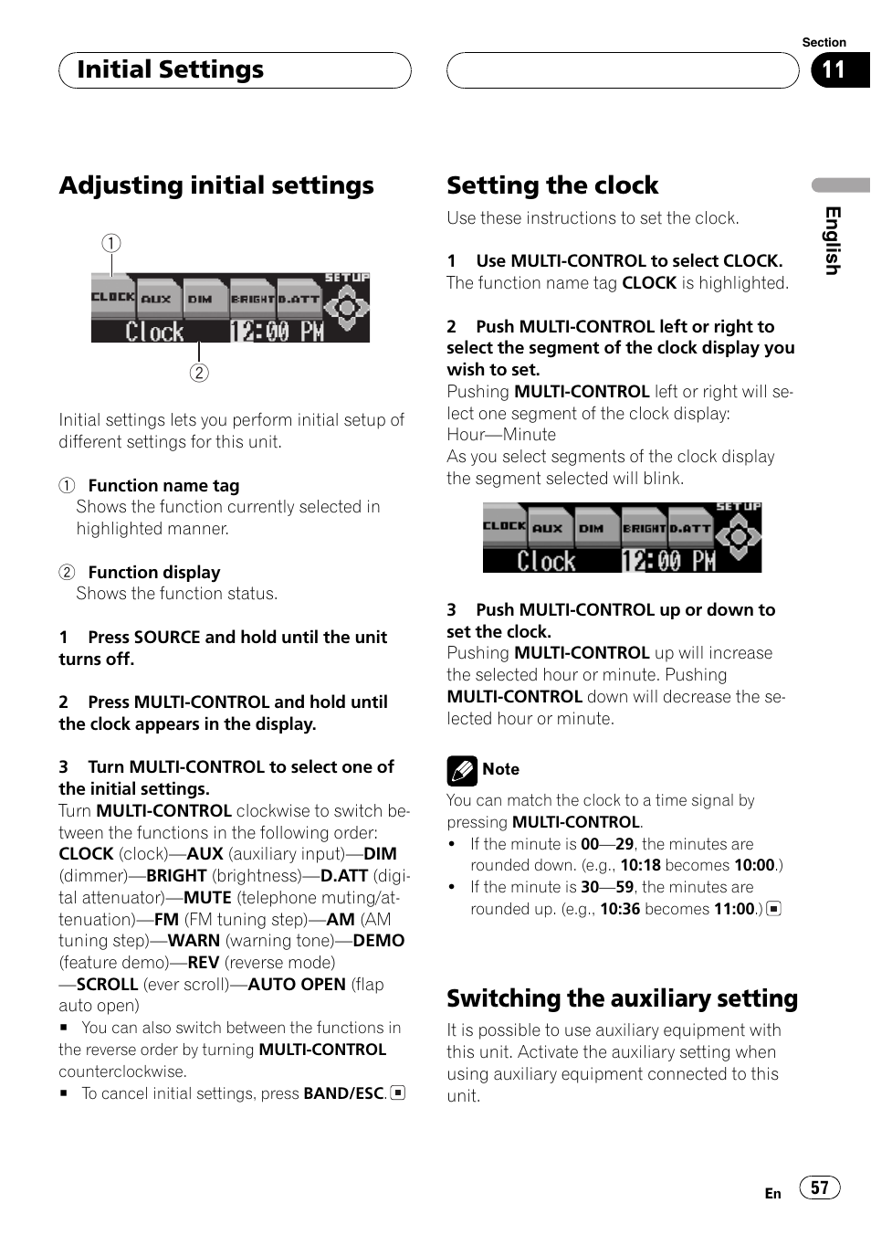 Adjustinginitial settings, Settingthe clock, Switchingthe auxiliary setting | Initial settings | Pioneer SUPER TUNERIII DEH-P8650MP User Manual | Page 57 / 154