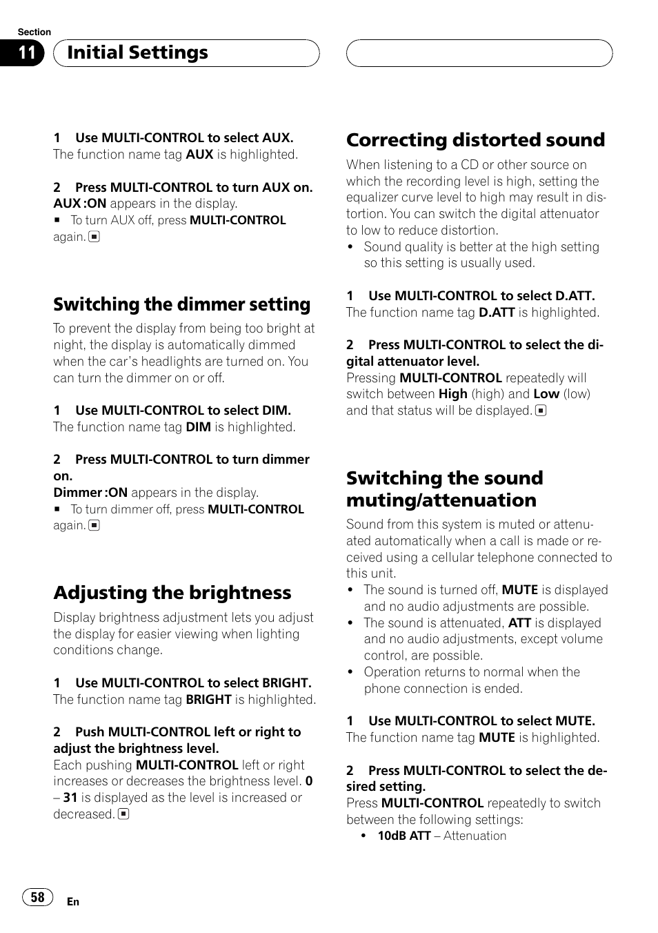 Switchingthe dimmer setting, Adjustingthe brightness, Correctingdistorted sound | Switchingthe sound muting/attenuation, Initial settings | Pioneer SUPER TUNERIII DEH-P8650MP User Manual | Page 58 / 154