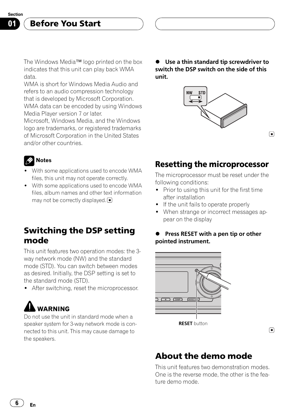Switchingthe dsp setting mode, Resettingthe microprocessor, About the demo mode | Before you start | Pioneer SUPER TUNERIII DEH-P8650MP User Manual | Page 6 / 154