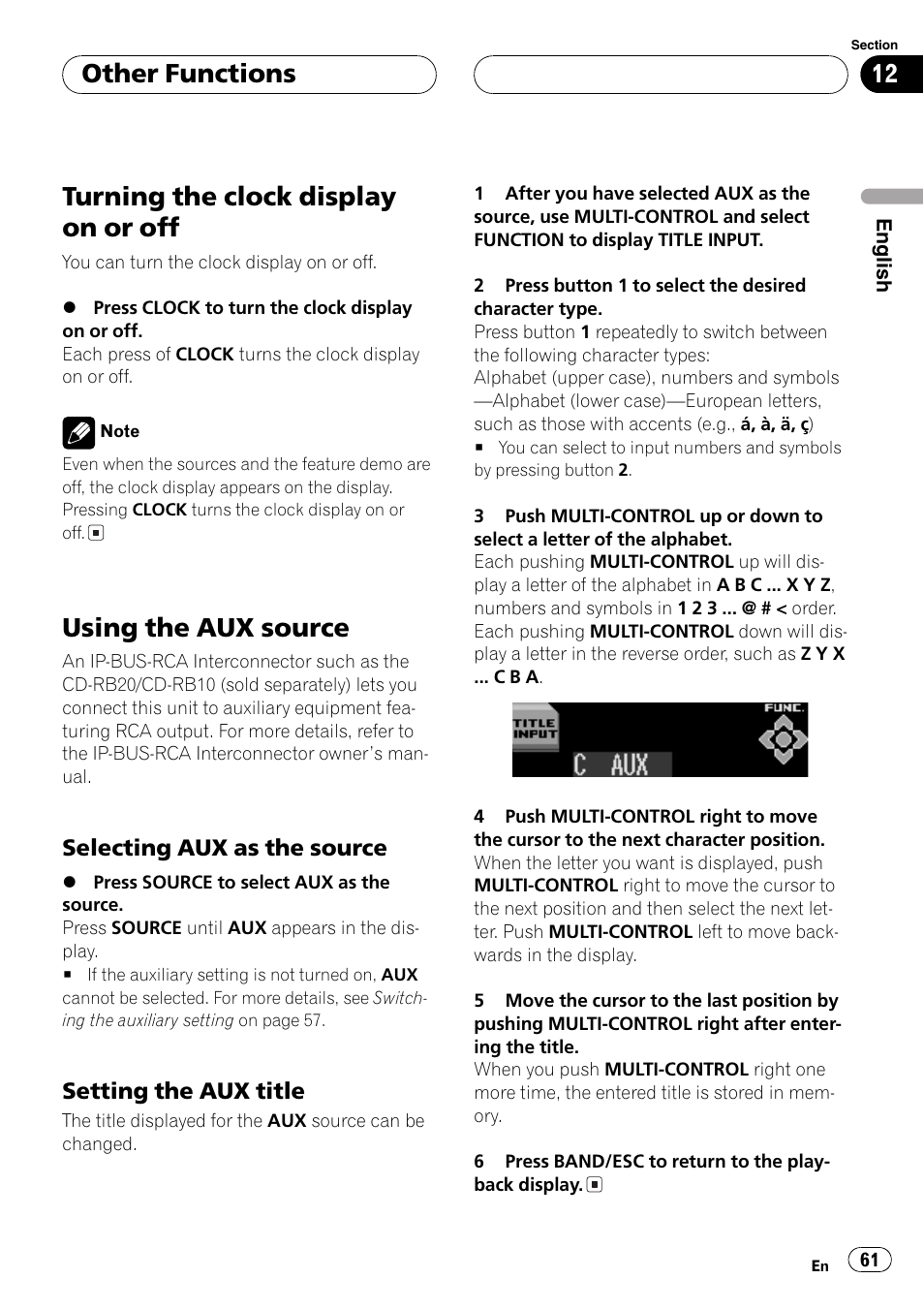 Selecting aux as the source 61, Setting the aux title 61, Turningthe clock display on or off | Usingthe aux source, Other functions | Pioneer SUPER TUNERIII DEH-P8650MP User Manual | Page 61 / 154