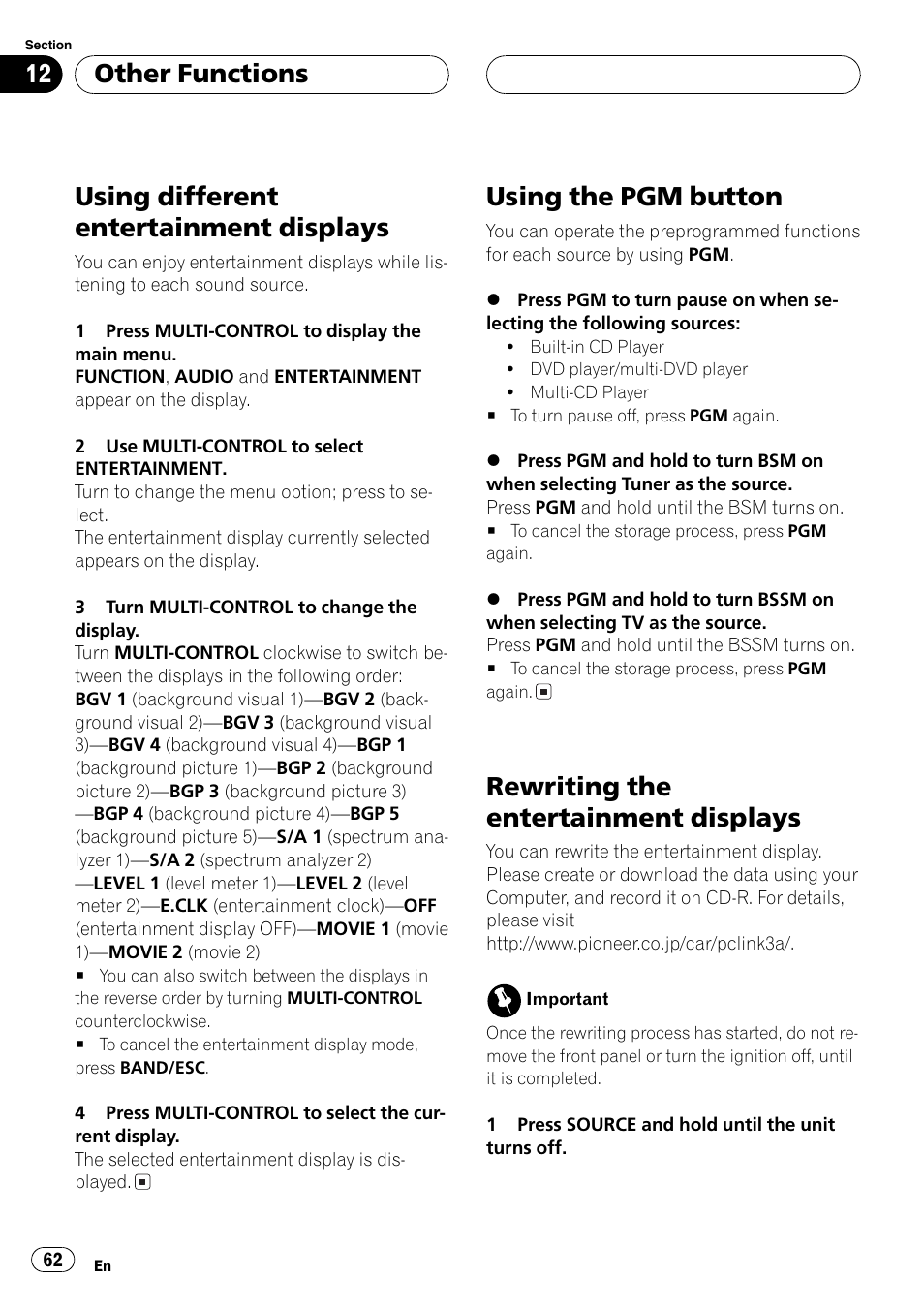 Usingdifferent entertainment displays, Usingthe pgm button, Rewritingthe entertainment displays | Other functions | Pioneer SUPER TUNERIII DEH-P8650MP User Manual | Page 62 / 154