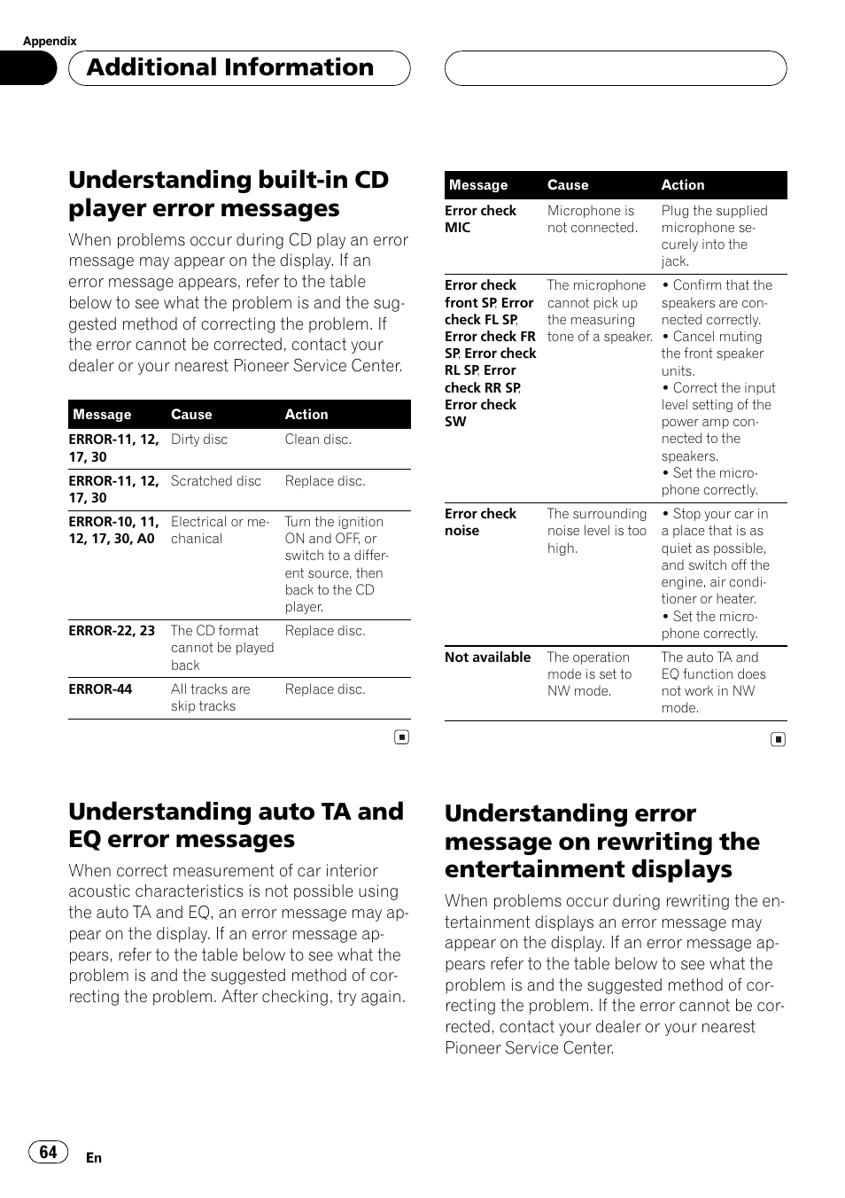 Messages 64, Understanding auto ta and eq error, Understanding error message on rewriting | The entertainment displays 64, Understandingbuilt-in cd player error messages, Understandingauto ta and eq error messages, Additional information | Pioneer SUPER TUNERIII DEH-P8650MP User Manual | Page 64 / 154
